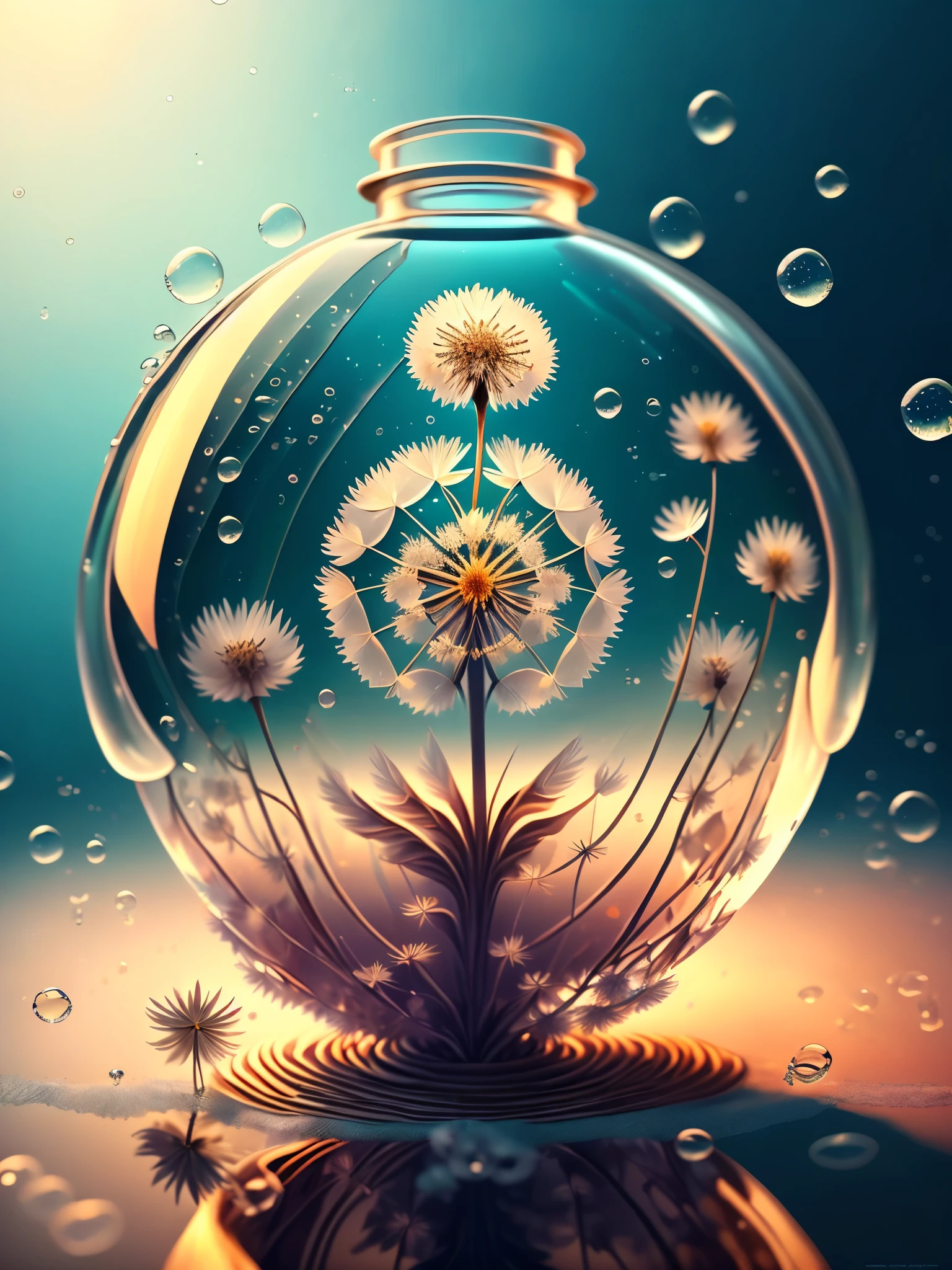 ((dandelion inside a highly detailed and perfect glass bubble: 1.5)), (in the depths of the ocean: 1.4), (marine animals, absolute darkness: 1.6, the only light is from the sun's rays blurred by the water marine:1.5),(bubbles,bubbles,bubbles :1.3),(seaweed, coral reef:1.3),(((ultra detailed CG))),(((magic ))),((Best quality)) , ((Masterpiece)), (highly detailed:1,3), highly detailed digital painting, Appeared in 4k, Best quality, high resolution, 1080P, hard drive, Detailed digital art for the best masterpieces., of the highest 3D quality, beautiful, luminous particle: 1.4, 32k