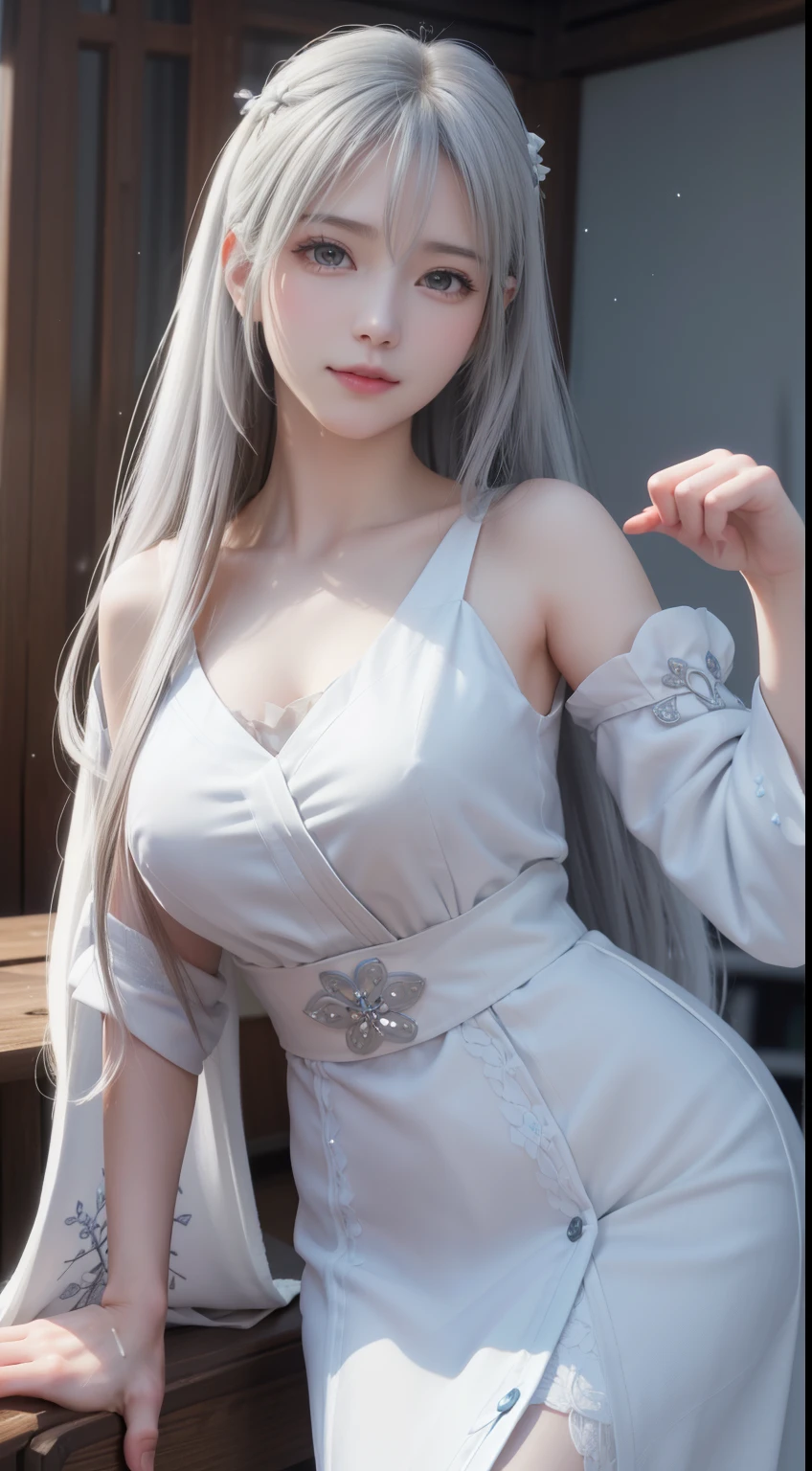 ((logo, masterpiece, 8k, table top, RAW photo, wonderful, 最high quality, Photorealistic and hvery detailed CG integrated 8k wallpaper, high quality, very detailed, Narrative poem, particle effects, dynamic effects, Depth of written boundary, cinematic light, Lens flare, ray tracing, anatomically accurate)), fantasy, 1 beautiful woman, ((white hair)), clear eyes, long hair, beautiful face, real face, 緻密でbeautiful eyes, beautiful skin, ((dancing woman, 優雅にdancing woman, snow sceneの中でdancing woman, 激しくdancing woman)), ((long hairがWindでなびく, long hairが跳ねる, long hairがWindで踊る)), hair jump, jewelry, beautiful eyes, white kimono, white obi, White cherry blossom embroidery pattern, silver earrings, Wind, snow mountainの中で, snow scene, snow mountain, snow makeup, 雪とhoarfrost, snow-capped mountainや森, hoarfrost, snow-capped mountain々, The beauty and brilliance of frost-covered trees, The tranquility and beauty of a world of ice and snow, hair color is white