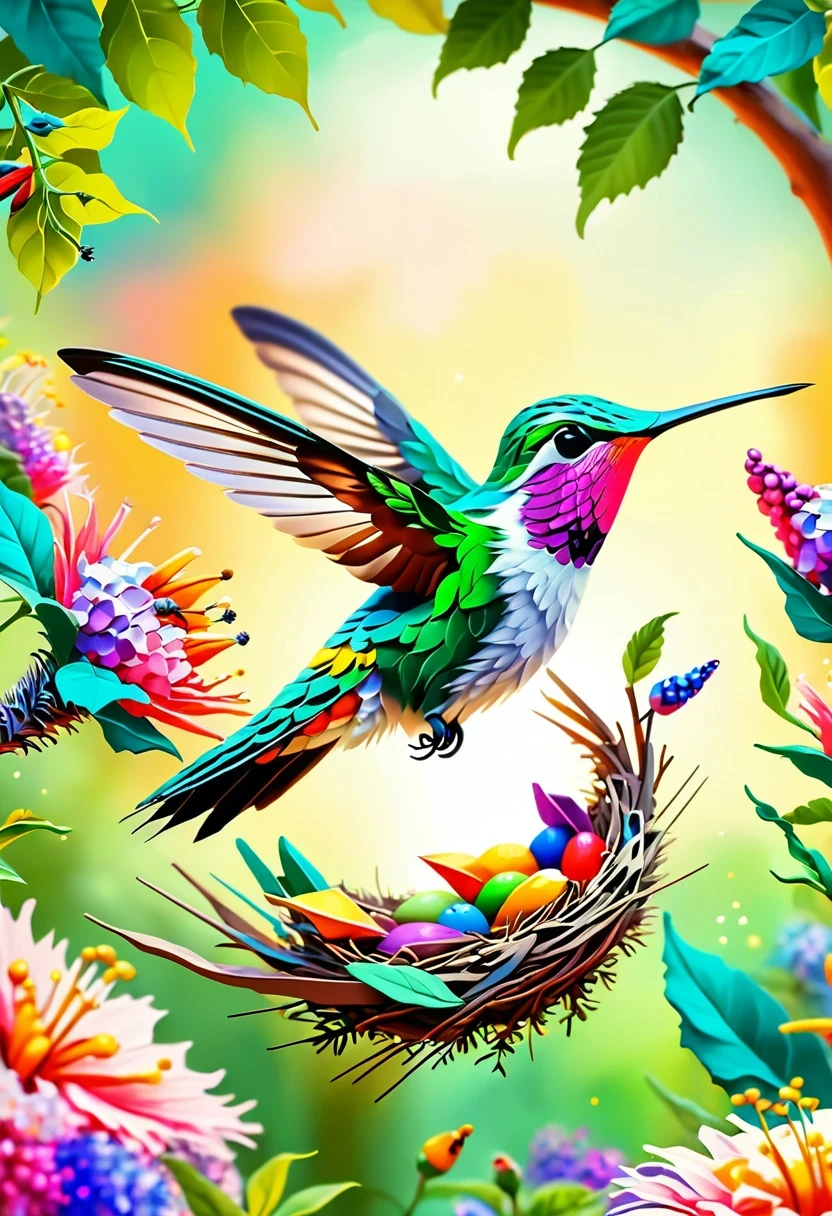 Colorful hummingbird and nest，pastel tones，light style，Comfortable and calm，nature，Warm and comfortable，garden，Super detailed masterpiece, Dynamic, high quality,Floating Extra Large Ethereal Dream DonMW15pXL  