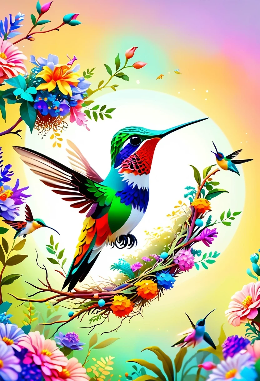 Colorful hummingbird and nest，pastel tones，light style，Comfortable and calm，nature，Warm and comfortable，garden，Super detailed masterpiece, Dynamic, high quality,Floating Extra Large Ethereal Dream DonMW15pXL  