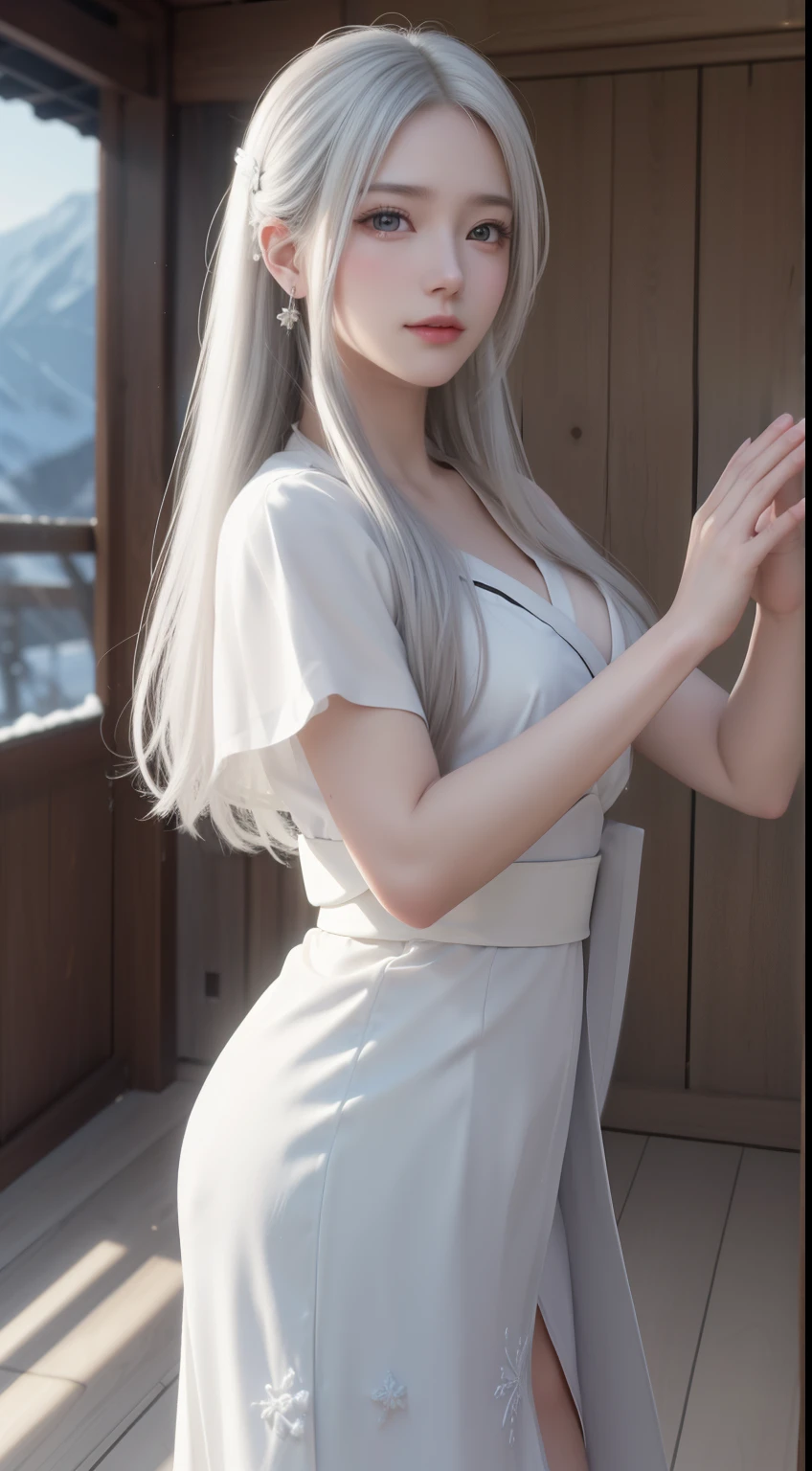 ((logo, masterpiece, 8k, table top, RAW photo, wonderful, 最high quality, Photorealistic and hvery detailed CG integrated 8k wallpaper, high quality, very detailed, Narrative poem, particle effects, dynamic effects, Depth of written boundary, cinematic light, Lens flare, ray tracing, anatomically accurate)), fantasy, 1 beautiful woman, ((white hair)), clear eyes, long hair, beautiful face, real face, 緻密でbeautiful eyes, beautiful skin, ((dancing woman, 優雅にdancing woman, snow sceneの中でdancing woman, 激しくdancing woman)), ((long hairがWindでなびく, long hairが跳ねる, long hairがWindで踊る)), hair jump, jewelry, beautiful eyes, white kimono, white obi, White cherry blossom embroidery pattern, silver earrings, Wind, snow mountainの中で, snow scene, snow mountain, snow makeup, 雪とhoarfrost, snow-capped mountainや森, hoarfrost, snow-capped mountain々, The beauty and brilliance of frost-covered trees, The tranquility and beauty of a world of ice and snow, hair color is white