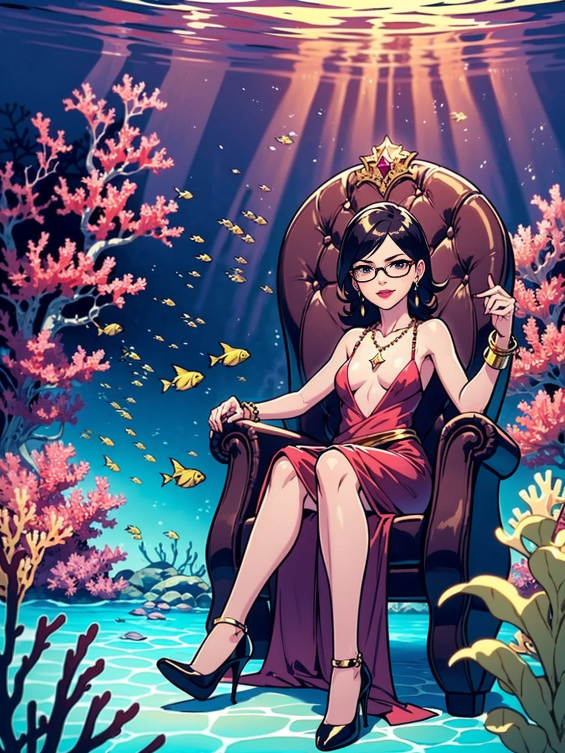 (((1girl, solo ,alone, Sarada Uchiha), short hair, ((smug, ((black eyes)), gold bracelets, ruby earrings, ((dark eyes, glasses, small breasts)), uchiha sarada)), ((solo, (1woman, pink lipstick), Extremely detailed, ambient soft lighting, 4k, perfect eyes, a perfect face, perfect lighting, a 1girl)), austere, ((sitting on a throne, (( elegant high heels, high heels, underwater, submerged in the ocean, deep sea, sea creatures, aqua)), sitting on her throne under; water, sea queen, mu yanling, Krenz Cushart and Artgerm, ((fish, coral)), shark, turtle, algae)), ((long dress, elegant dress , formal dress, dark red dress, bracelets, ruby earrings, gold necklace, diamond, sovereign))