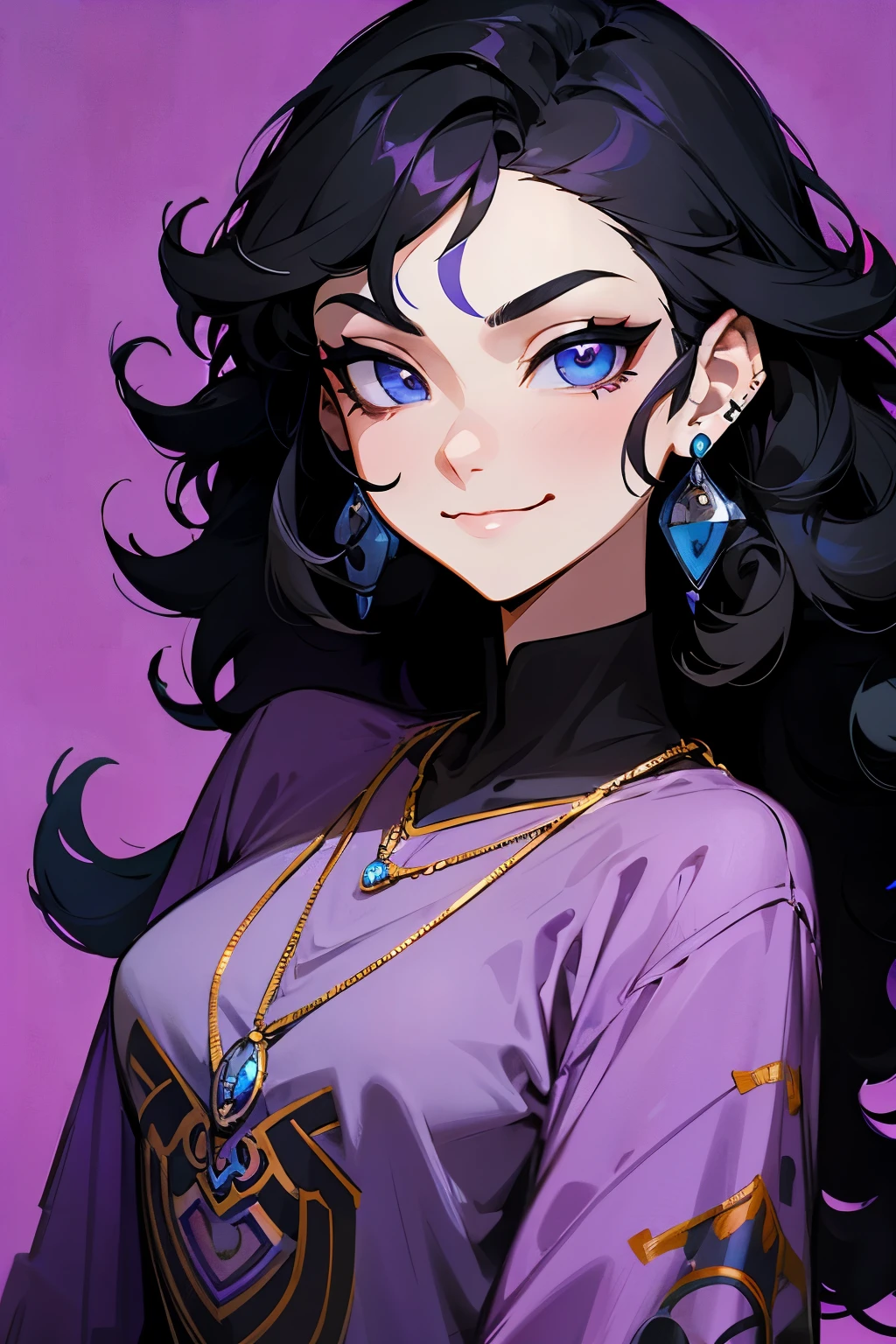 avatar,curly black hair, silver necklace, purple shirt, earrings, tattoo, young female, smirking, blue eyes,
