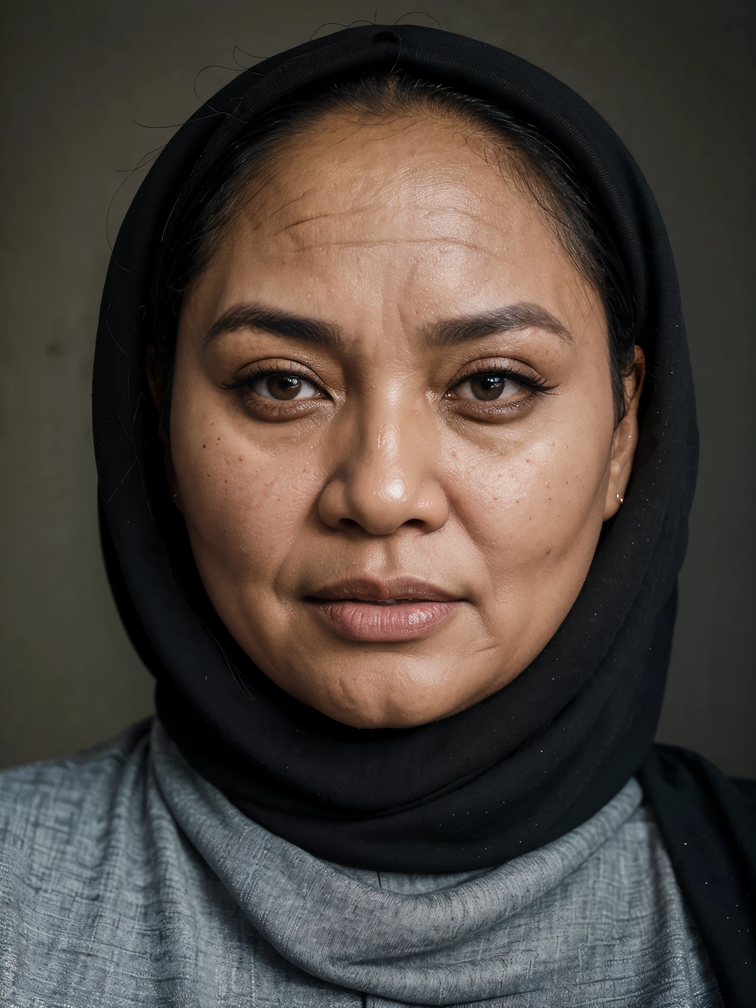 The face of a fat 55 year old Indonesian woman wearing a black hijab. Face Details, 55 year old face details, slightly wrinkled face, visible pores, super detailed, natural skin color, very realistic, ultra HD, 8K Resolution