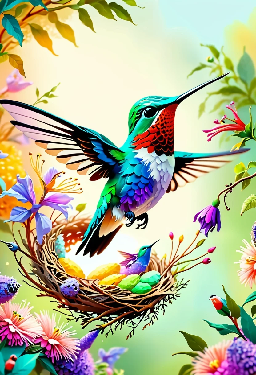 Colorful hummingbird and nest，pastel tones，light style，Comfortable and calm，nature，Warm and comfortable，garden，Super detailed masterpiece, Dynamic, high quality,Floating Extra Large Ethereal Dream DonMW15pXL  