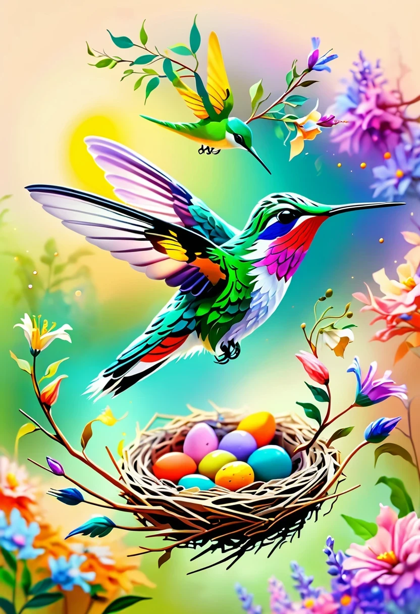 Colorful hummingbird and nest，pastel tones，light style，Comfortable and calm，nature，Warm and comfortable，garden，Super detailed masterpiece, Dynamic, high quality,Floating Extra Large Ethereal Dream DonMW15pXL  