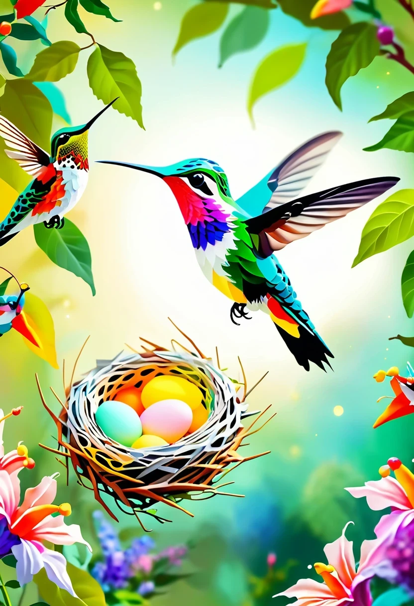 Colorful hummingbird and nest，pastel tones，light style，Comfortable and calm，nature，Warm and comfortable，garden，Super detailed masterpiece, Dynamic, high quality,Floating Extra Large Ethereal Dream DonMW15pXL  