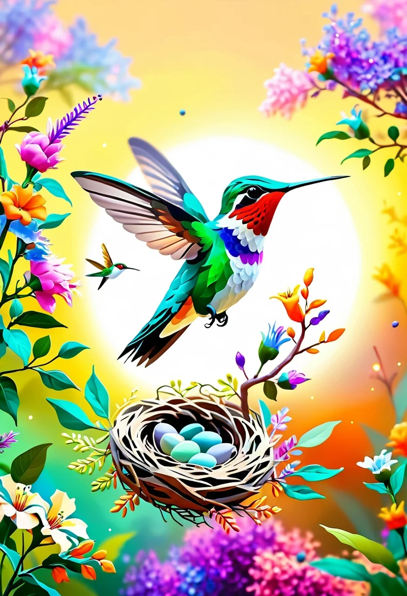 Colorful hummingbird and nest，pastel tones，light style，Comfortable and calm，nature，Warm and comfortable，garden，Super detailed masterpiece, Dynamic, high quality,Floating Extra Large Ethereal Dream DonMW15pXL  