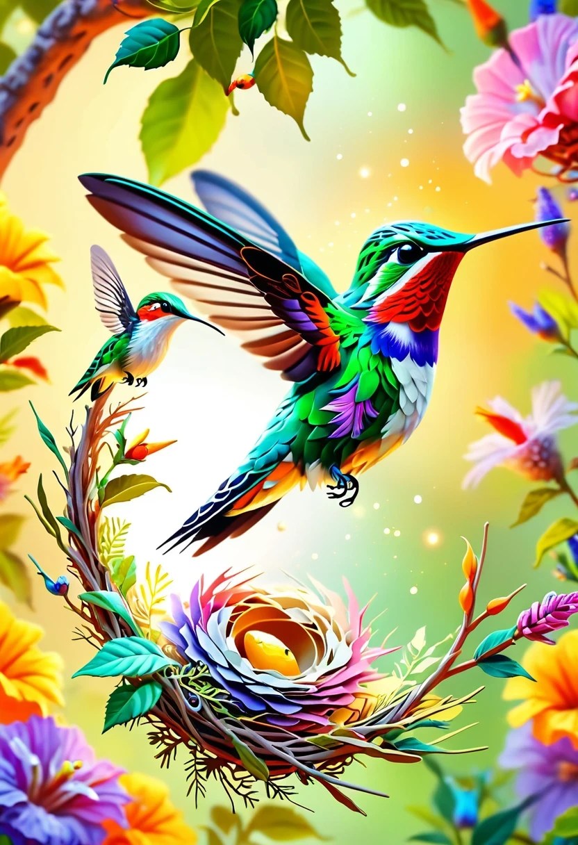 Colorful hummingbird and nest，pastel tones，light style，Comfortable and calm，nature，Warm and comfortable，garden，Super detailed masterpiece, Dynamic, high quality,Floating Extra Large Ethereal Dream DonMW15pXL  