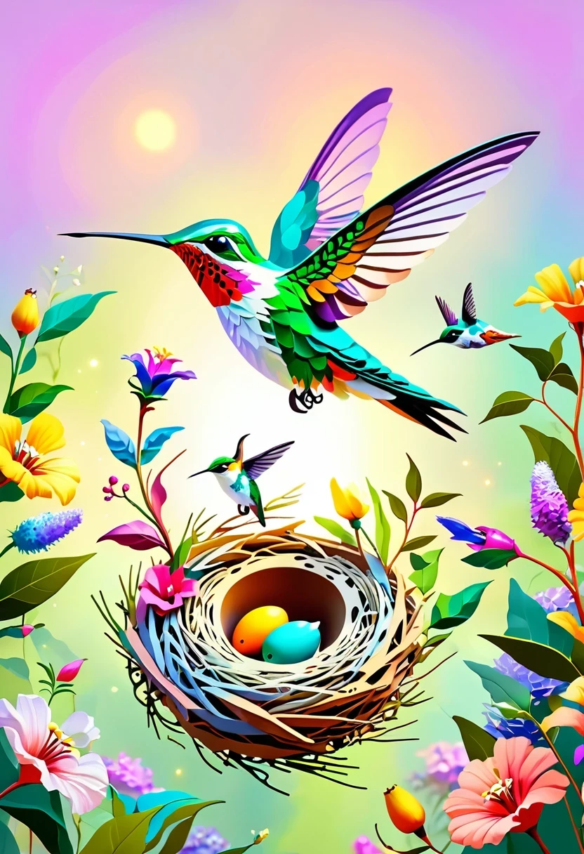 Colorful hummingbird and nest，pastel tones，light style，Comfortable and calm，nature，Warm and comfortable，garden，Super detailed masterpiece, Dynamic, high quality,Floating Extra Large Ethereal Dream DonMW15pXL  