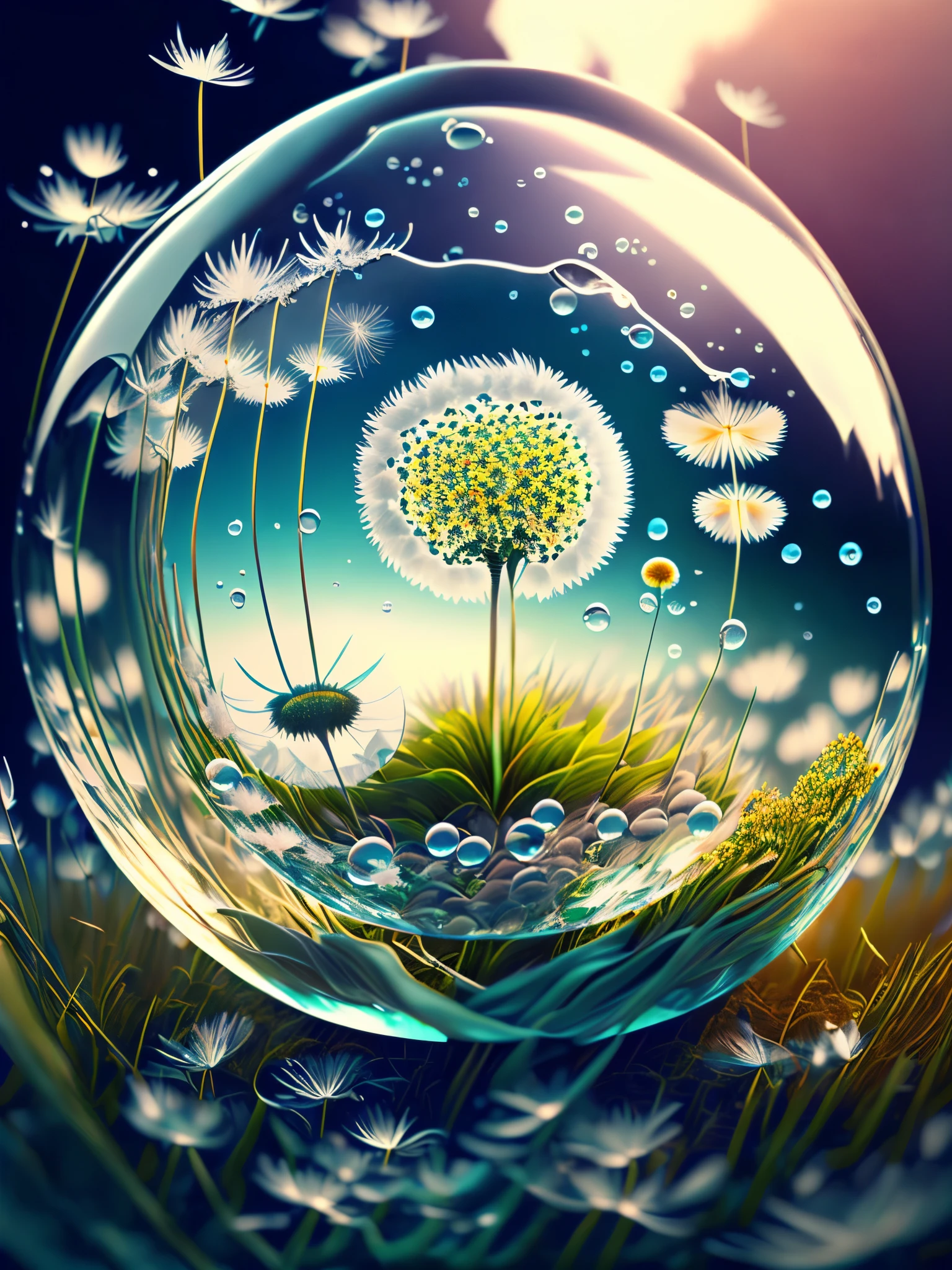 ((dandelion inside a glass bubble: 1.5)), (in the depths of the ocean: 1.4), (marine animals, absolute darkness: 1.6, the only light is from the sun's rays blurred by sea water: 1.5) ,(bubbles,bubbles,bubbles :1.3), (seaweed, coral reef:1.3),(((ultra detailed CG))),(((magic ))),((Best quality)), ((Artwork master)), (highly detailed:1,3), highly detailed digital painting, Appeared in 4k, Best quality, high resolution, 1080P, hard drive, Detailed digital art for the best masterpieces., highest 3D quality, beautiful , luminous particle:1.4, 32k