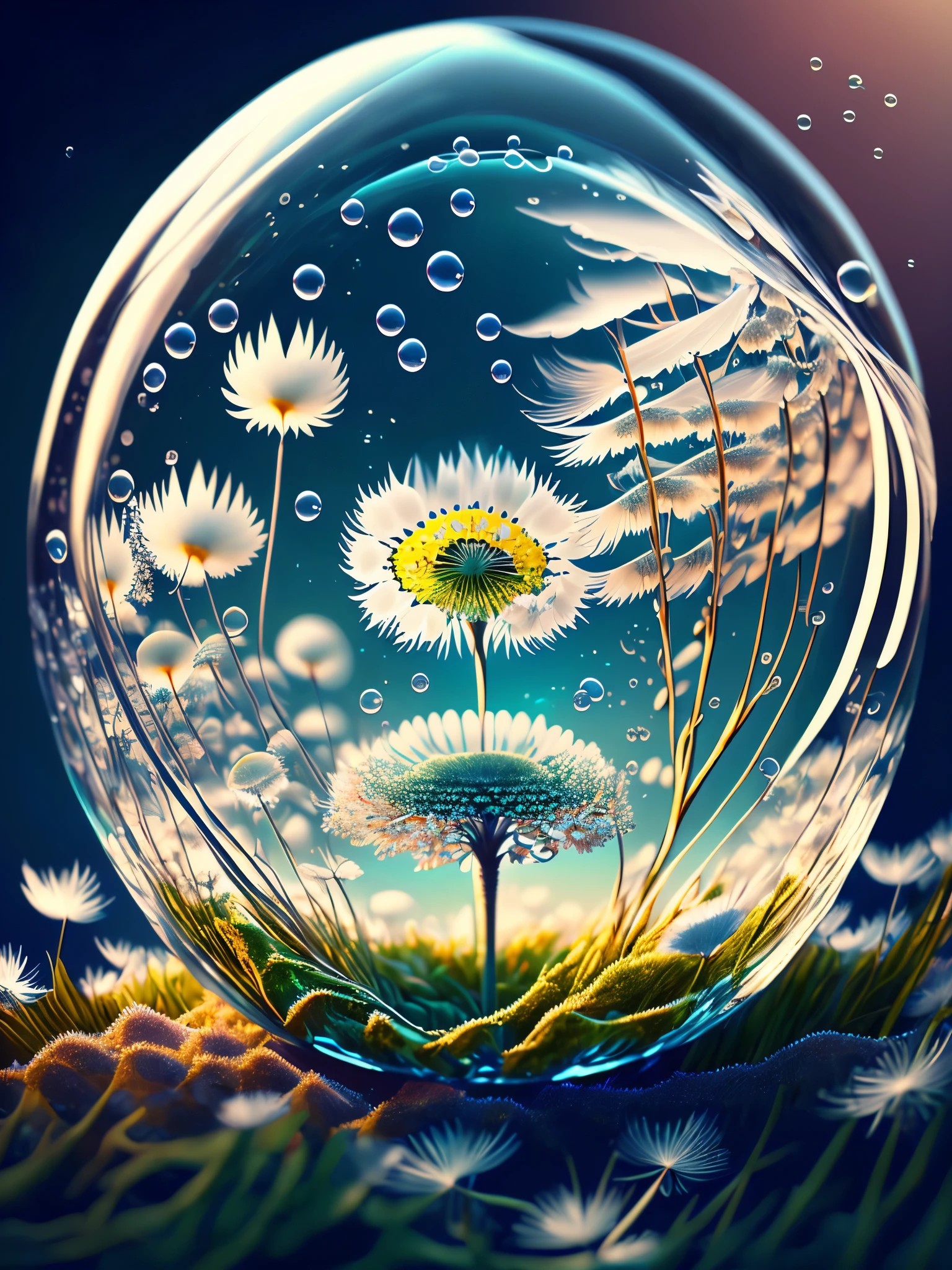 ((dandelion inside a highly detailed and perfect glass bubble: 1.5)), (in the depths of the ocean: 1.4), (marine animals, absolute darkness: 1.6, the only light is from the sun's rays blurred by the water marine:1.5),(bubbles,bubbles,bubbles :1.3),(seaweed, coral reef:1.3),(((ultra detailed CG))),(((magic ))),((Best quality)) , ((Masterpiece)), (highly detailed:1,3), highly detailed digital painting, Appeared in 4k, Best quality, high resolution, 1080P, hard drive, Detailed digital art for the best masterpieces., of the highest 3D quality, beautiful, luminous particle: 1.4, 32k