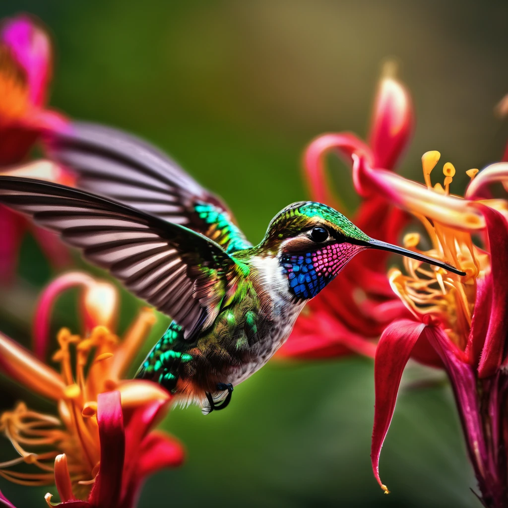 Hummingbird, aesthetic, extremely detailed, Hummingbird drinking from a honeysuckle flower intricate details, HDR, beautifully shot, hyperrealistic, sharp focus, megapixels, perfect composition, high contrast, cinematic, atmospheric, moody