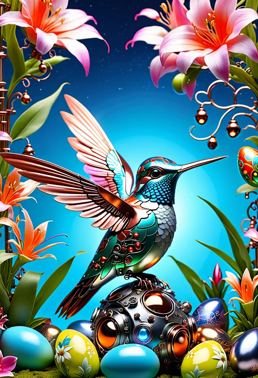 (masterpiece, best quality:1.2), easter style,  一个可爱的机械hummingbird穿着easter style, Made of exquisite copper and silver components，Eyes like glowing gems, Stand in a fantasy garden full of steampunk Easter elements. hummingbirds surrounded by exotic plants and Easter eggs. hummingbird&#39;s body shines under the neon lights, Demonstrate the high precision of its mechanical components. The scene incorporates elements of whimsy, science and technology, and tradition, Create a unique and imaginative environment for Easter.