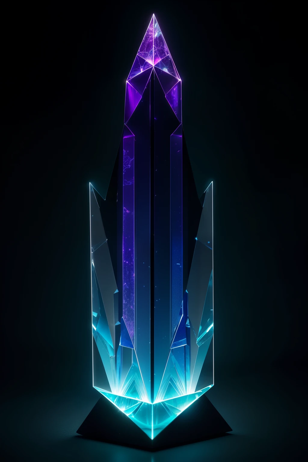 In the dimly lit, Aries cyberpunk backdrop, a transcendentally beautiful transparent crystal sculpture stands out. Its rich color palette, a mesmerizing blend of violet and azure hues, is accentuated by the smooth texture and surface. The sculpture's intricate columns emit a gentle, color ambient light, casting an ethereal glow upon the dark surroundings. With each delicate facet, the crystal seems to capture the essence of the cyberpunk world, its smooth surface reflecting the gritty reality while offering a glimpse into a realm of tranquility.