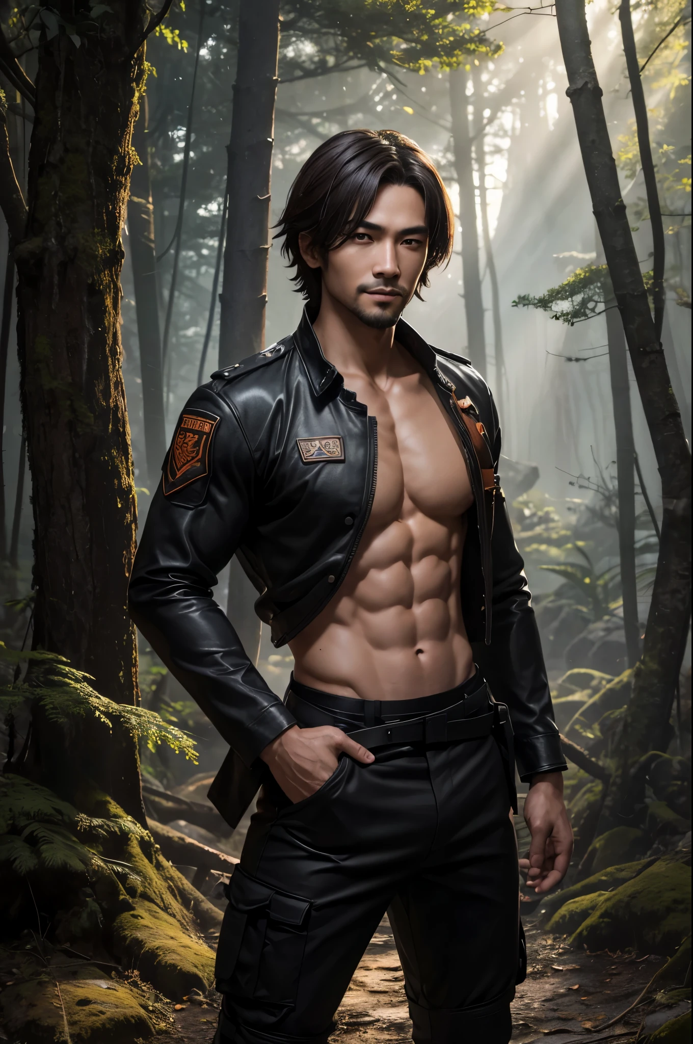 8k,Young man with fancy brown medium bob hair(24-years-old),challenging atmosphere,muscular slim body,super realistic skin,Severely cracked abdominal muscles,black and orange combat uniform,white inner shirt,black and orange combat pants,In the forest with a large and long Japanese sword,naughty smile,Big eyes,black eye,Wear black combat uniform to hide your body,perfect hand shapeの詳細,comical pose,masterpiece,Photorealistic RAW photos of the highest quality。bright colors,rich colors, Backlight, cinematic lighting, film grain, to be born, 50mm lens, Nikon D850,detailed character art,fantasy art,ultra high resolution,super realistic skin,perfect hand shape,mountain path,people４(Hanamura Yosuke),wild(super realistic skin),one point beard,アジアpeople,abandoned temple,white shirt,