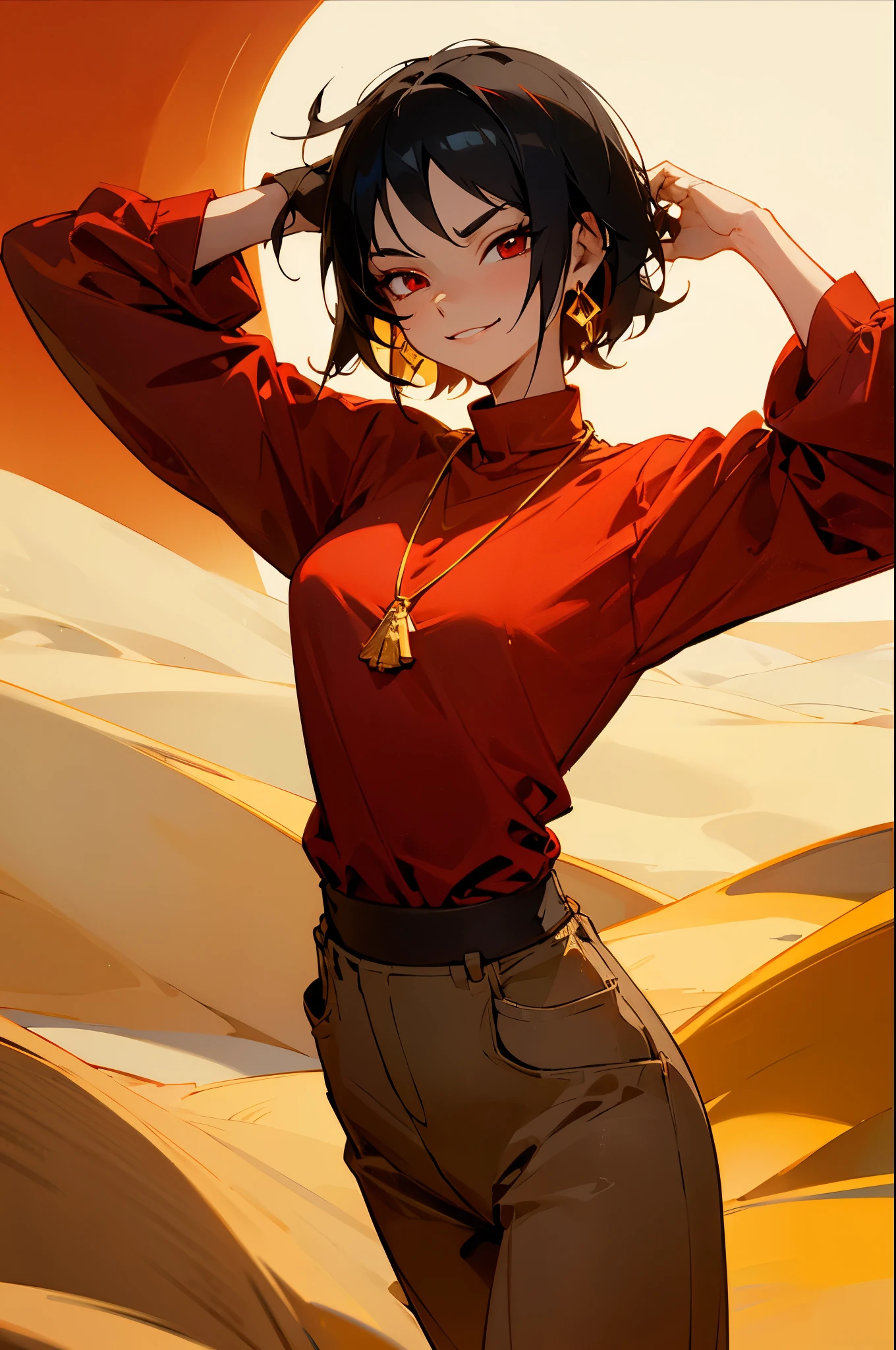 avatar,short black hair, golden necklace, red shirt, earrings, young female, sunglasses up, smirking, red eyes, desert background