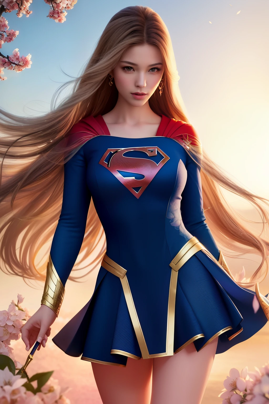 Super girl ultra realistic (image):
This stunning super girl image showcases an extraordinary female hero in supreme detail. With a sharp, clear focus and stunningly vibrant colors, every fiber of her costume and every strand of her hair is rendered in ultra-realistic clarity. The background is a beautiful floral panorama, filled with blossoms in full color and intricate detail, evoking a sense of peace and wonder. The image, originally illustrated in the highest quality, is a masterpiece (1.1) and a testament to the artist's skill. With the inclusion of fine ink splashes and subtle color splashes, the composition comes alive with dynamic energy, capturing the essence of a