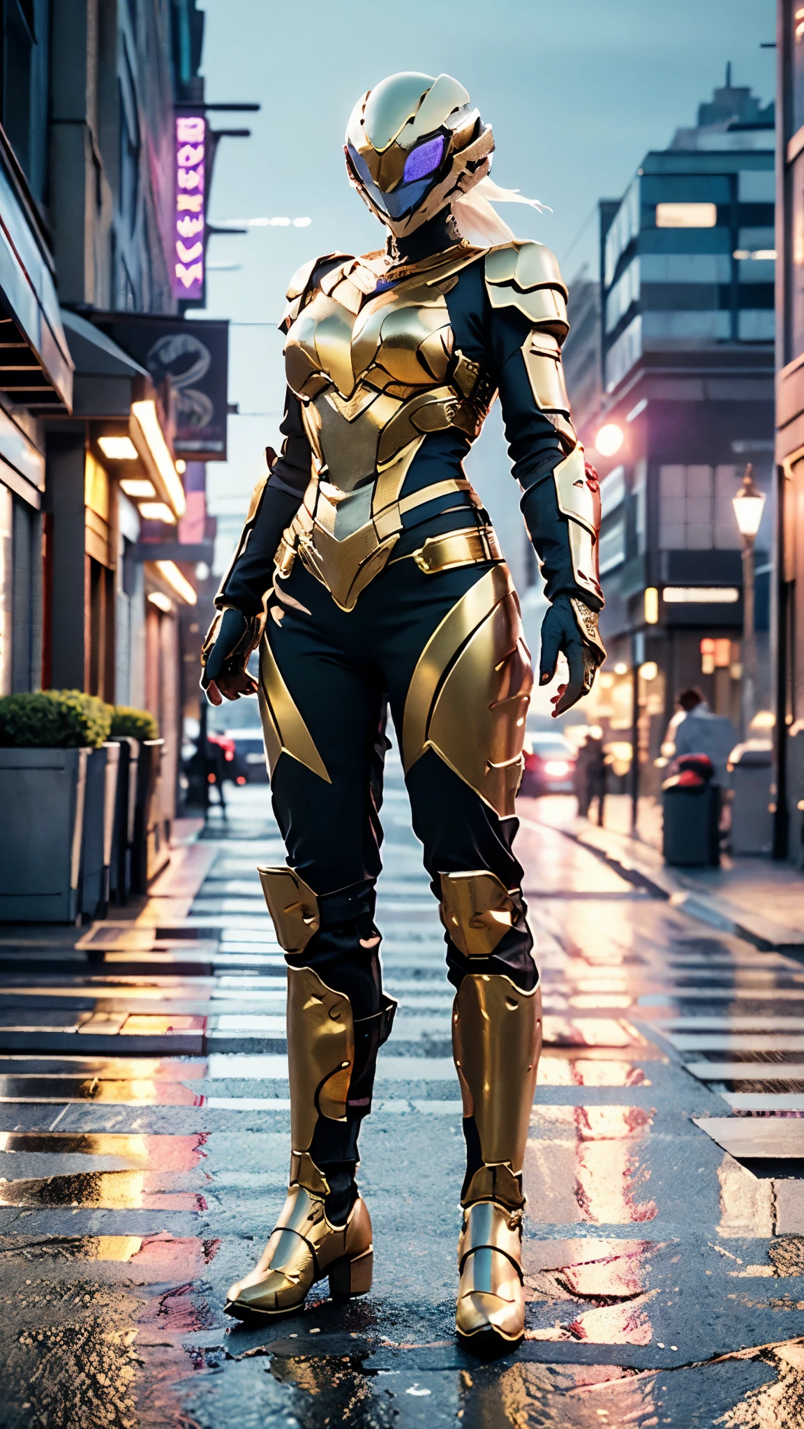 A woman adorned in fantasy-style full-body armor, a crown-concept fully enclosed helmet that unveils only her eyes, a composite layered chest plate, fully encompassing shoulder and hand guards, a lightweight waist armor, form-fitting shin guards, the overall design is heavy-duty yet flexible, ((the armor gleams with a golden glow, complemented by red and blue accents)), exhibiting a noble aura, she floats above the Futuristic city, this character embodies a finely crafted fantasy-surreal style armored hero in anime style, exquisite and mature manga art style, (Dragon concept Armor, photorealistic:1.4, real texture material:1.2), ((city night view, elegant, goddess, femminine:1.5)), metallic, high definition, best quality, highres, ultra-detailed, ultra-fine painting, extremely delicate, professional, anatomically correct, symmetrical face, extremely detailed eyes and face, high quality eyes, creativity, RAW photo, UHD, 32k, Natural light, cinematic lighting, masterpiece-anatomy-perfect, masterpiece:1.5