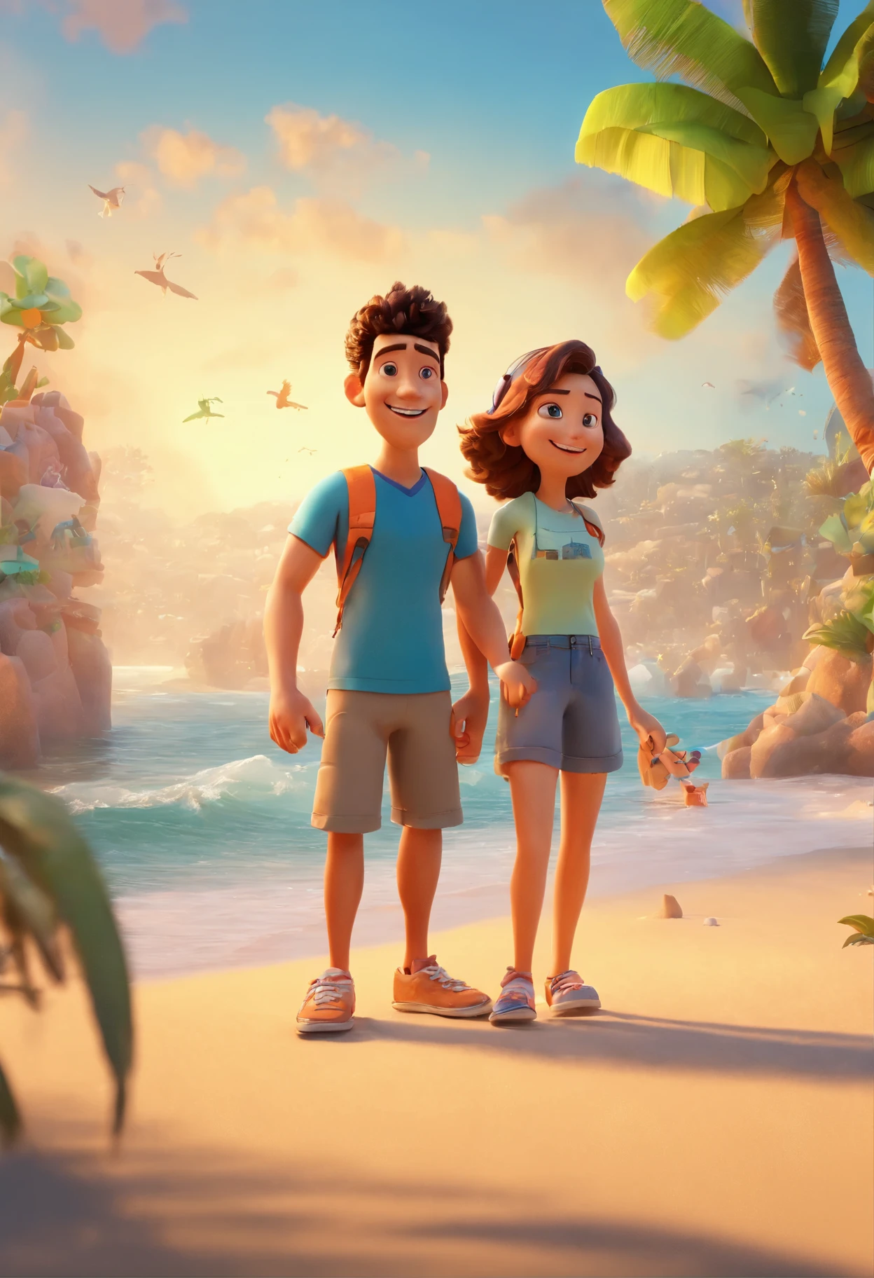 pixar poster, una pareja en la playa, the girl is sitting on the boy&#39;s shoulders, the girl is wearing a white shirt and blue jeans with open arms, Pelo lacio, the boy is wearing a gray t-shirt, chaqueta naranja, pantalones cortos verdes y zapatillas de deporte, los dos estan sonriendo, en la playa junto al mar, hay casas al otro lado， animaciones 3D，pixar， (Mejor calidad)(8K)