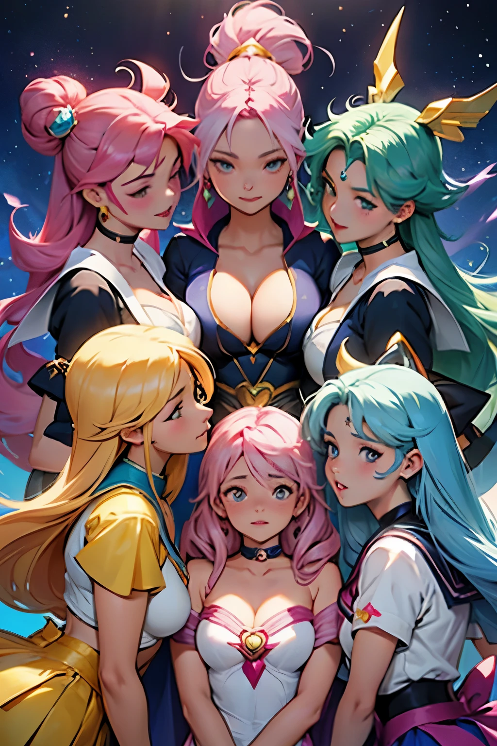 An image of four heavenly magical girls, estilo star guardians, muito lindas, muito bonitas, muito atraentes, como cabelos bonitos e coloridos, rostos detalhados e perfeitos, Detailed and perfect hands, roupas coloridas e bonitas, Artstation Trend, esquema de cores legal, semi-realismo, em uma escola japonesa a noite cercada por monstros, magical girl clothes, magical girl clothes in puella magica style, sailor moon, star guardians do league of legends, quatro amigas, s amigas juntas, felizes voando, big breasts, cleavage, open shirt, squeezing breasts