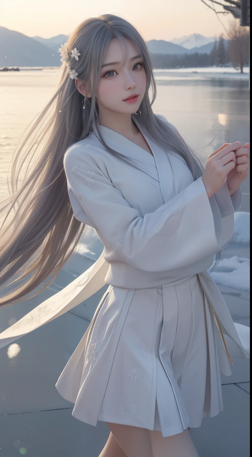 ((logo, masterpiece, 8k, table top, RAW photo, wonderful, 最high quality, Photorealistic and hvery detailed CG integrated 8k wallpaper, high quality, very detailed, Narrative poem, particle effects, dynamic effects, Depth of written boundary, cinematic light, Lens flare, ray tracing, anatomically accurate)), fantasy, 1 beautiful woman, ((white hair)), clear eyes, long hair, beautiful face, real face, 緻密でbeautiful eyes, beautiful skin, ((dancing woman, 優雅にdancing woman, snow sceneの中でdancing woman, 激しくdancing woman)), ((long hairがWindでなびく, long hairが跳ねる, long hairがWindで踊る)), hair jump, jewelry, beautiful eyes, white kimono, white obi, White cherry blossom embroidery pattern, silver earrings, Wind, snow mountainの中で, snow scene, snow mountain, snow makeup, 雪とhoarfrost, snow-capped mountainや森, hoarfrost, snow-capped mountain々, The beauty and brilliance of frost-covered trees, The tranquility and beauty of a world of ice and snow, hair color is white