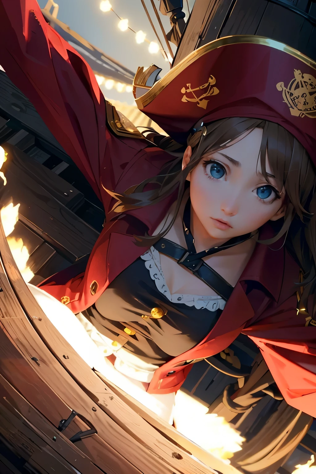 A mighty pirate captain stands proudly on the deck of her magnificent ship, adorned in a vibrant red coat and a towering hat. With intricate details and realistic CGI, the scene is brought to life in stunning octane render. The top light casts a cinematic glow on the captain as she gazes out at the vast expanse of the ocean, her eyes filled with determination. The low camera angle accentuates her commanding presence, while the ISO200 setting captures every nuanced expression on her face. The breathtaking 8k resolution allows for a truly immersive experience, showcasing the beauty of the seascape and the intricate details of the ship's sails.
