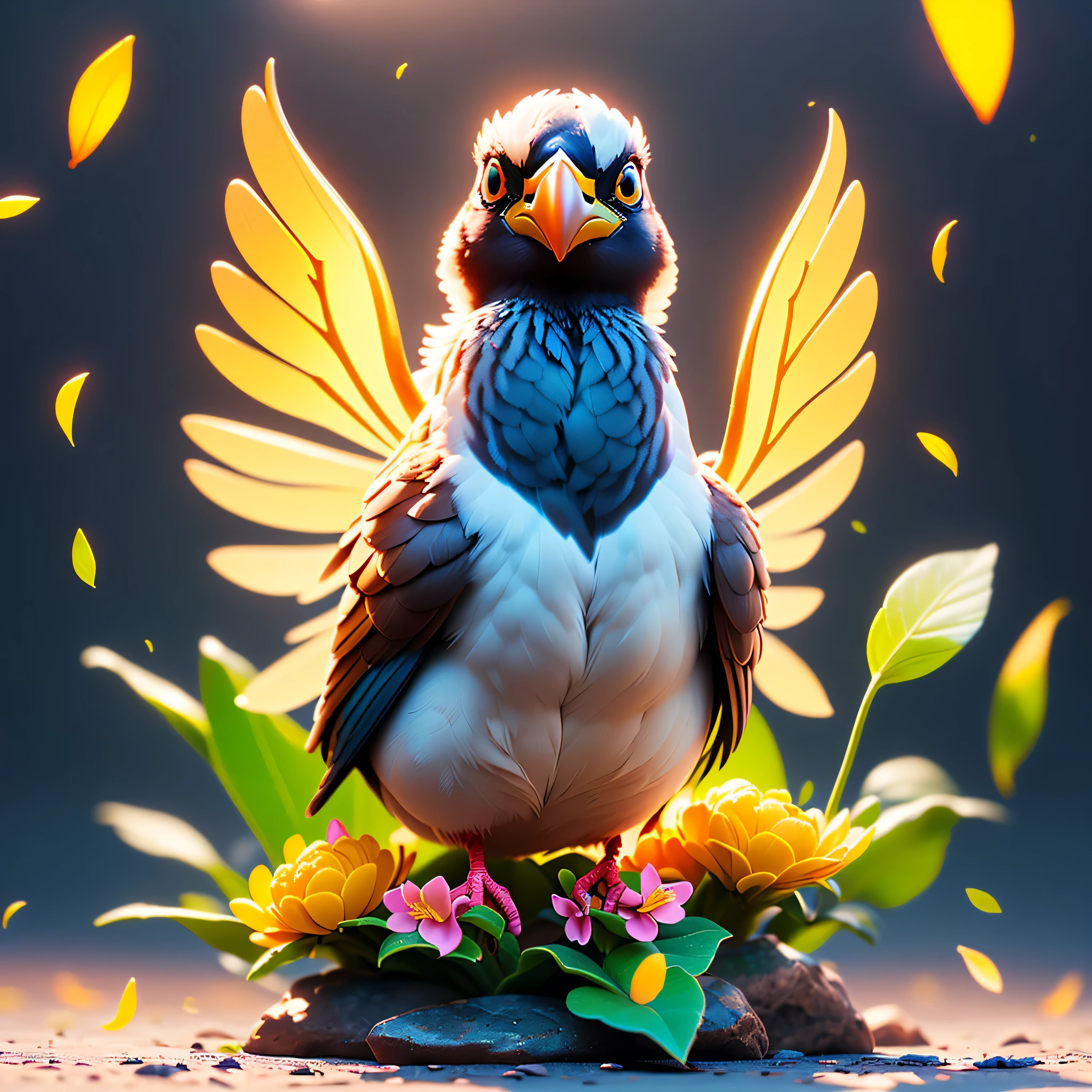 "Sparrow bird with open wings spread upwards perched on a cherry blossom branch", Style-Glass, ((epic tmasterpiece, ultra best quality, cinematic sunlight, ultra sharp focus, ultra high-resolution, ultra high-definition, UHD, HDR, vibrant DSLR vivid indigo lazuli sundrop saffron colorful lighting reflection))