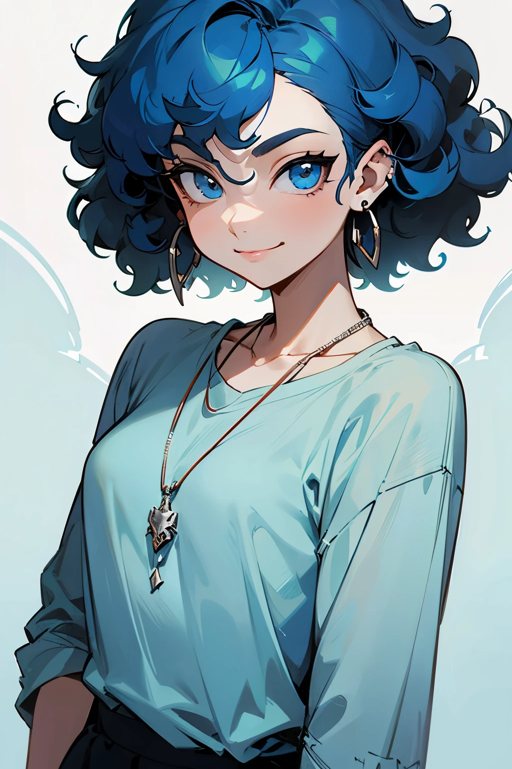 (best quality:1.1),original,1girl,chic,trendy,short afro hair, dark skin, makeup, 1970's, blue hair, brown eyes, anime style, niji, looking at the viewer smiling