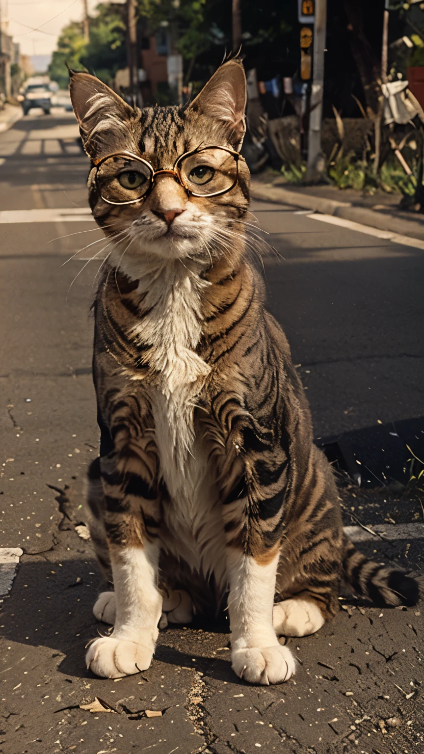 A cat, orange, wearing transparent glasses, looking at the camera, on the road, ultra realistic,Cute cat, white, a little fat,8k