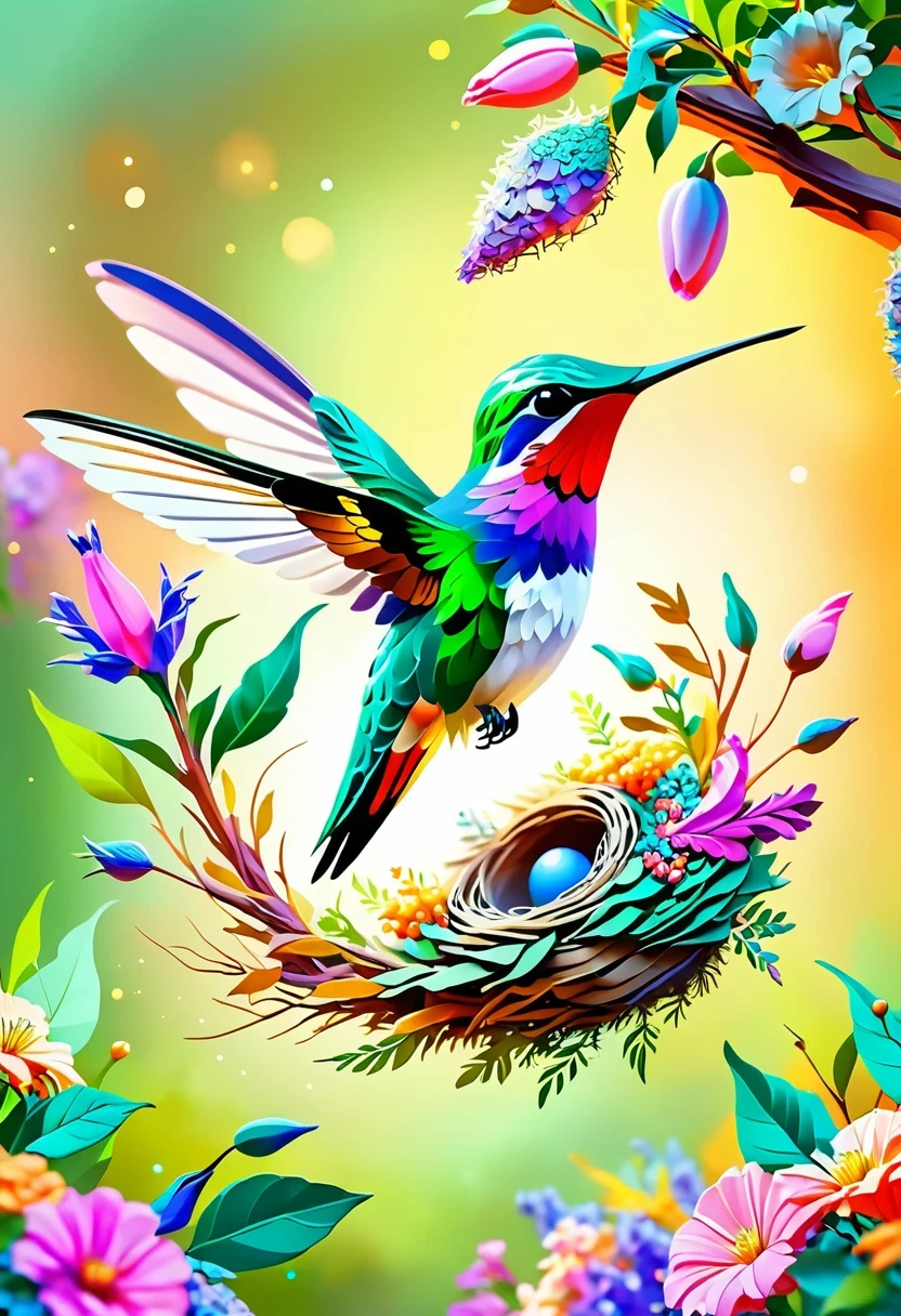 Colorful hummingbird and nest,pastel tones,light style,Comfortable and calm,nature,Warm and comfortable,garden,Super detailed masterpiece, Dynamic, high quality,Floating Extra Large Ethereal Dream DonMW15pXL