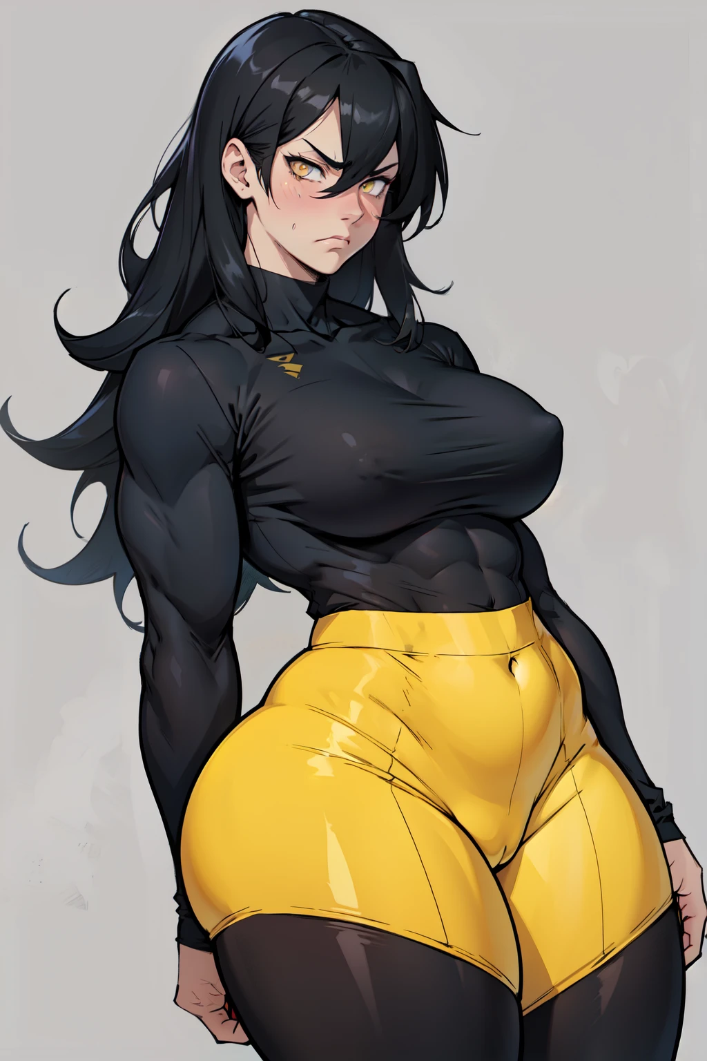 sad girl muscular muscular muscular breasts breasts breasts thick thick thick thick black hair yellow eyes pale skin pale skin thick thick thick leggings tight shirt long sleeve thick thick thick thick thick thick muscular simple background long and frown blushing angry thighs thighs thighs waistup waist up dark atmosphere