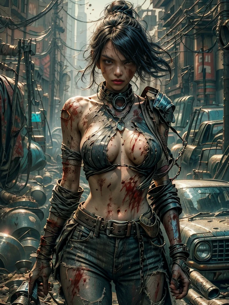 1 sexy post apocalyptic Cyberpunk girl, close up cowboy shot, big breasts, ((tattoos on (breasts))), ((skin smeared with dirt, ((oil)) and blood stains)), wound on body, arms and shoulders covered with rusted metal armor, detailed angry Asian face, slave collar and chain around neck, (NSFW), futuristic, mechanical aesthetics, complex machinery, high-tech futuristic (ruined post apocalyptic) Cyberpunk city in the background, virtual engine 5, cinematic lighting.