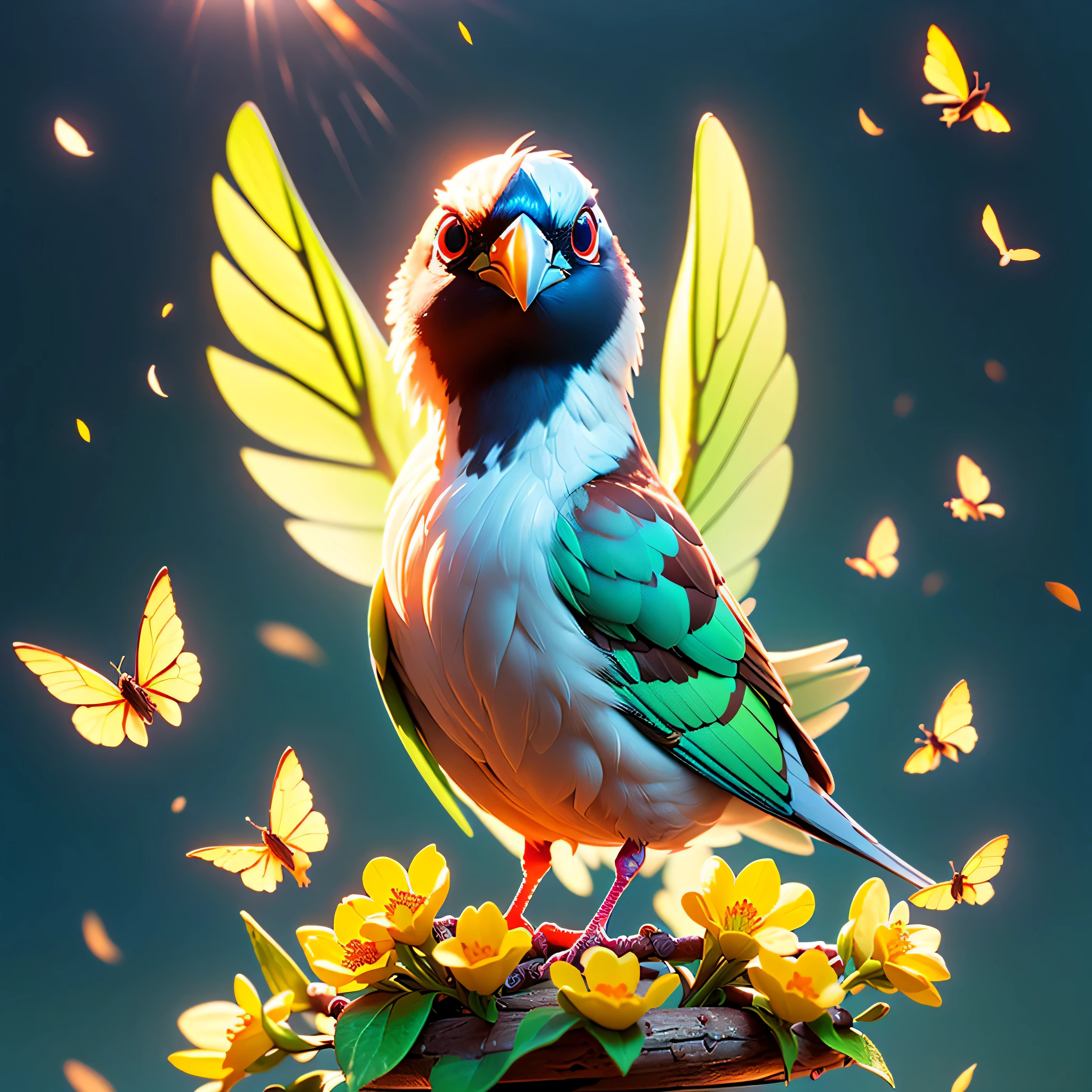 "Sparrow bird with open wings spread upwards perched on a cherry blossom branch", Style-Glass, ((epic tmasterpiece, ultra best quality, cinematic sunlight, ultra sharp focus, ultra high-resolution, ultra high-definition, UHD, HDR, vibrant DSLR vivid indigo lazuli sundrop saffron colorful lighting reflection))