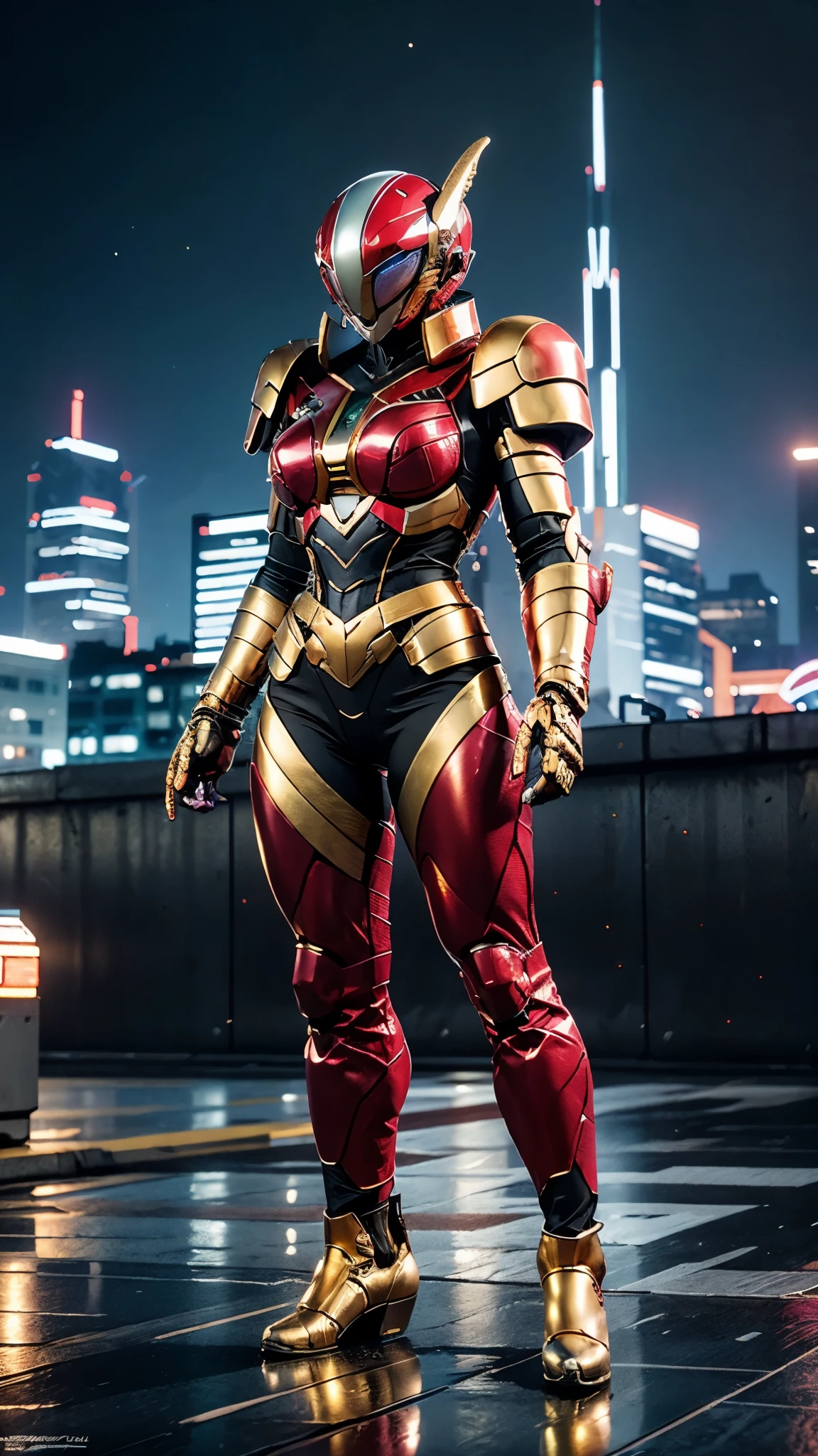 A woman adorned in fantasy-style full-body armor, a crown-concept fully enclosed helmet that unveils only her eyes, a composite layered chest plate, fully encompassing shoulder and hand guards, a lightweight waist armor, form-fitting shin guards, the overall design is heavy-duty yet flexible, ((the armor gleams with a golden glow, complemented by red and blue accents)), exhibiting a noble aura, she floats above the Futuristic city, this character embodies a finely crafted fantasy-surreal style armored hero in anime style, exquisite and mature manga art style, (Dragon concept Armor, photorealistic:1.4, real texture material:1.2), ((city night view, elegant, goddess, femminine:1.5)), metallic, high definition, best quality, highres, ultra-detailed, ultra-fine painting, extremely delicate, professional, anatomically correct, symmetrical face, extremely detailed eyes and face, high quality eyes, creativity, RAW photo, UHD, 32k, Natural light, cinematic lighting, masterpiece-anatomy-perfect, masterpiece:1.5
