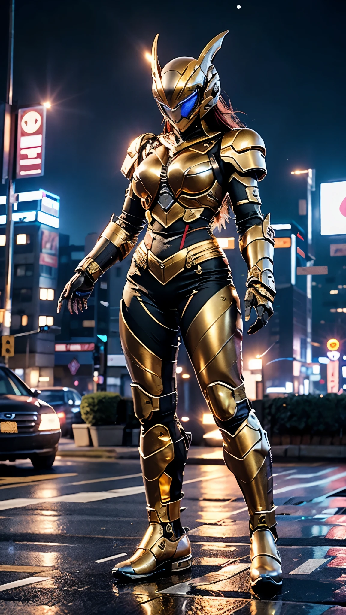 A woman adorned in fantasy-style full-body armor, a crown-concept fully enclosed helmet that unveils only her eyes, a composite layered chest plate, fully encompassing shoulder and hand guards, a lightweight waist armor, form-fitting shin guards, the overall design is heavy-duty yet flexible, ((the armor gleams with a golden glow, complemented by red and blue accents)), exhibiting a noble aura, she floats above the Futuristic city, this character embodies a finely crafted fantasy-surreal style armored hero in anime style, exquisite and mature manga art style, (Dragon concept Armor, photorealistic:1.4, real texture material:1.2), ((city night view, elegant, goddess, femminine:1.5)), metallic, high definition, best quality, highres, ultra-detailed, ultra-fine painting, extremely delicate, professional, anatomically correct, symmetrical face, extremely detailed eyes and face, high quality eyes, creativity, RAW photo, UHD, 32k, Natural light, cinematic lighting, masterpiece-anatomy-perfect, masterpiece:1.5