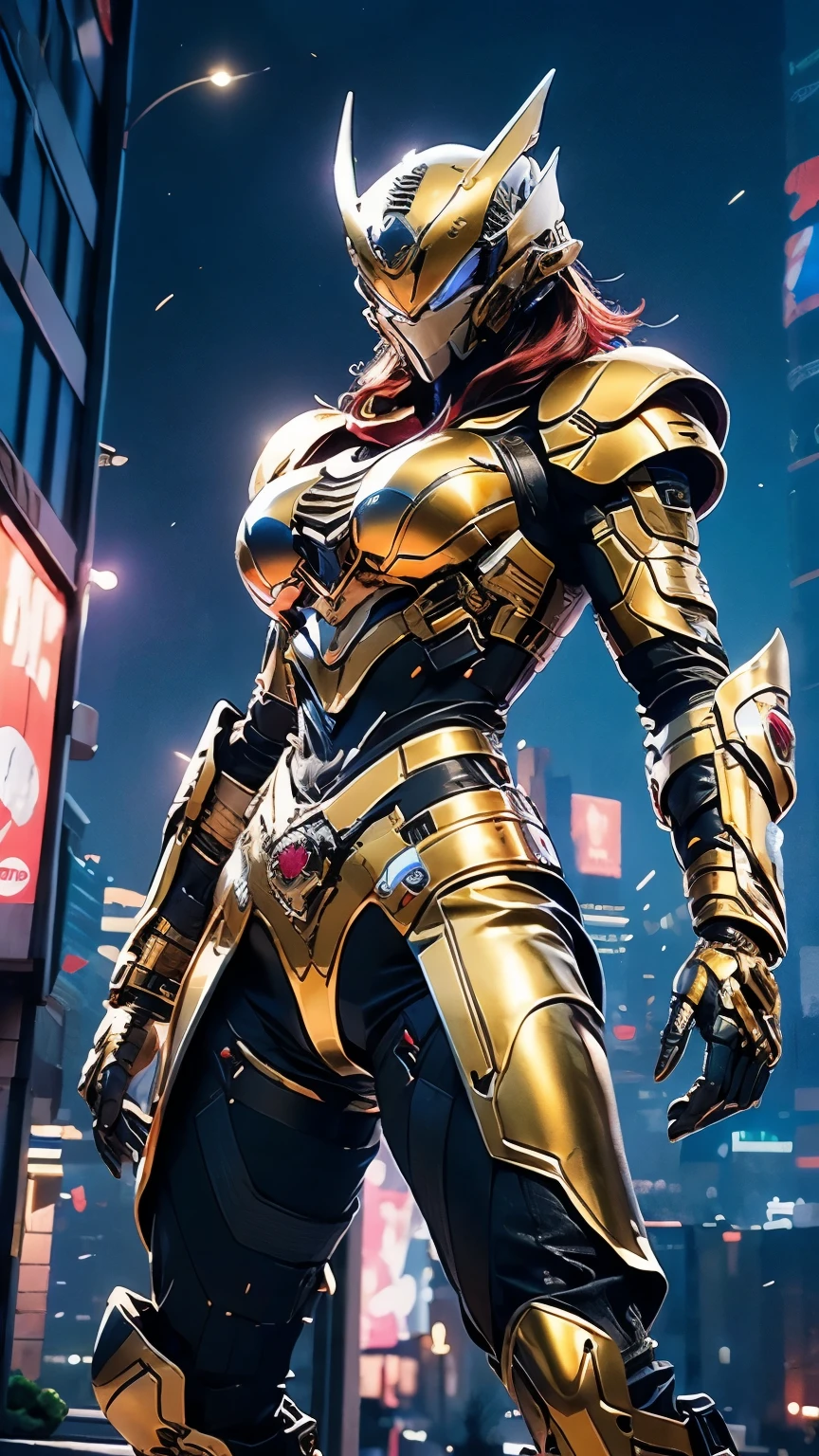 A woman adorned in fantasy-style full-body armor, a crown-concept fully enclosed helmet that unveils only her eyes, a composite layered chest plate, fully encompassing shoulder and hand guards, a lightweight waist armor, form-fitting shin guards, the overall design is heavy-duty yet flexible, ((the armor gleams with a golden glow, complemented by red and blue accents)), exhibiting a noble aura, she floats above the Futuristic city, this character embodies a finely crafted fantasy-surreal style armored hero in anime style, exquisite and mature manga art style, (Dragon concept Armor, photorealistic:1.4, real texture material:1.2), ((city night view, elegant, goddess, femminine:1.5)), metallic, high definition, best quality, highres, ultra-detailed, ultra-fine painting, extremely delicate, professional, anatomically correct, symmetrical face, extremely detailed eyes and face, high quality eyes, creativity, RAW photo, UHD, 32k, Natural light, cinematic lighting, masterpiece-anatomy-perfect, masterpiece:1.5