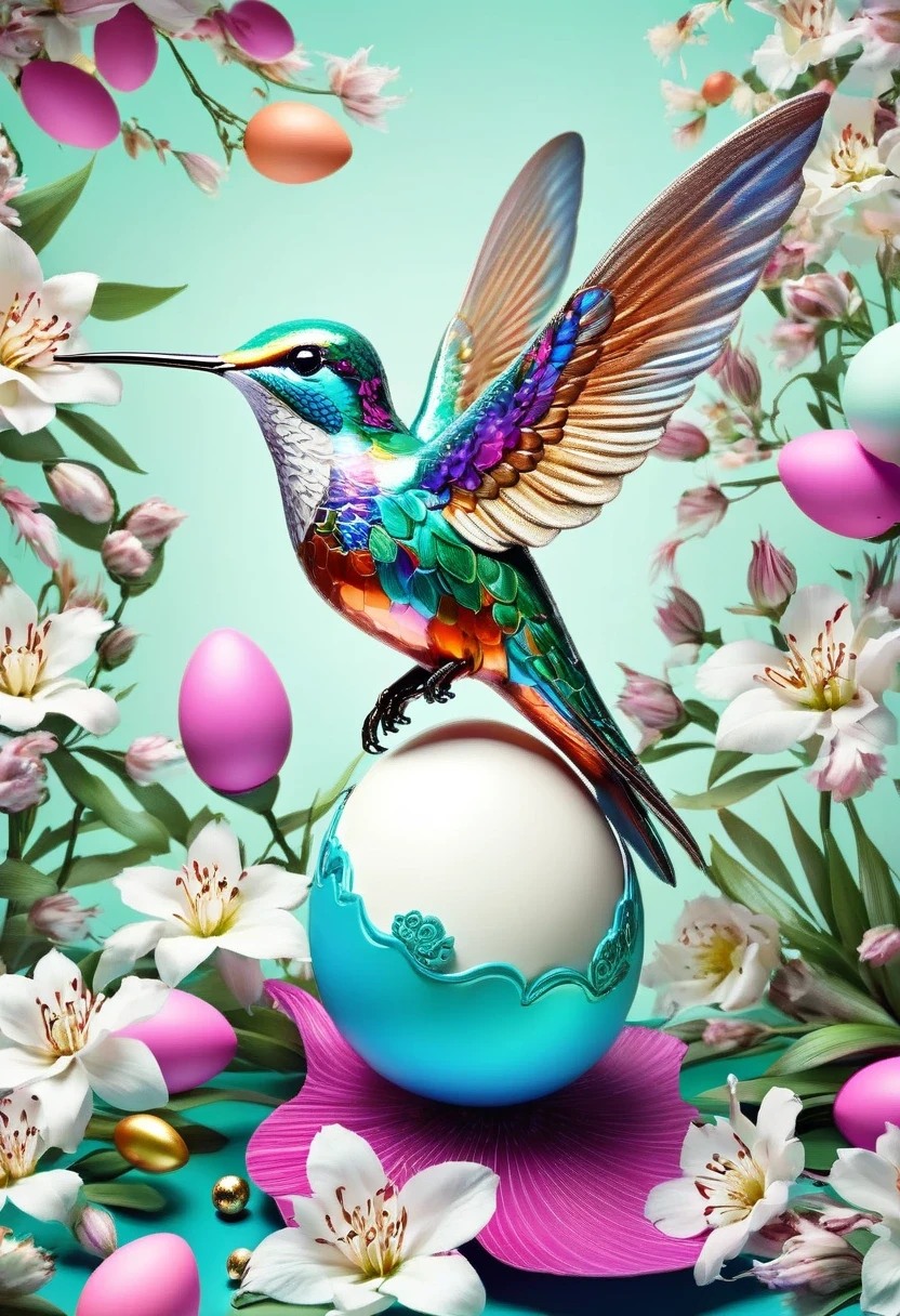 (masterpiece, best quality:1.2), easter style, 一个可爱的机械hummingbird穿着easter style, Made of exquisite copper and silver components,Eyes like glowing gems, Stand in a fantasy garden full of steampunk Easter elements. hummingbirds surrounded by exotic plants and Easter eggs. hummingbird's body shines under the neon lights, Demonstrate the high precision of its mechanical components. The scene incorporates elements of whimsy, science and technology, and tradition, Create a unique and imaginative environment for Easter.