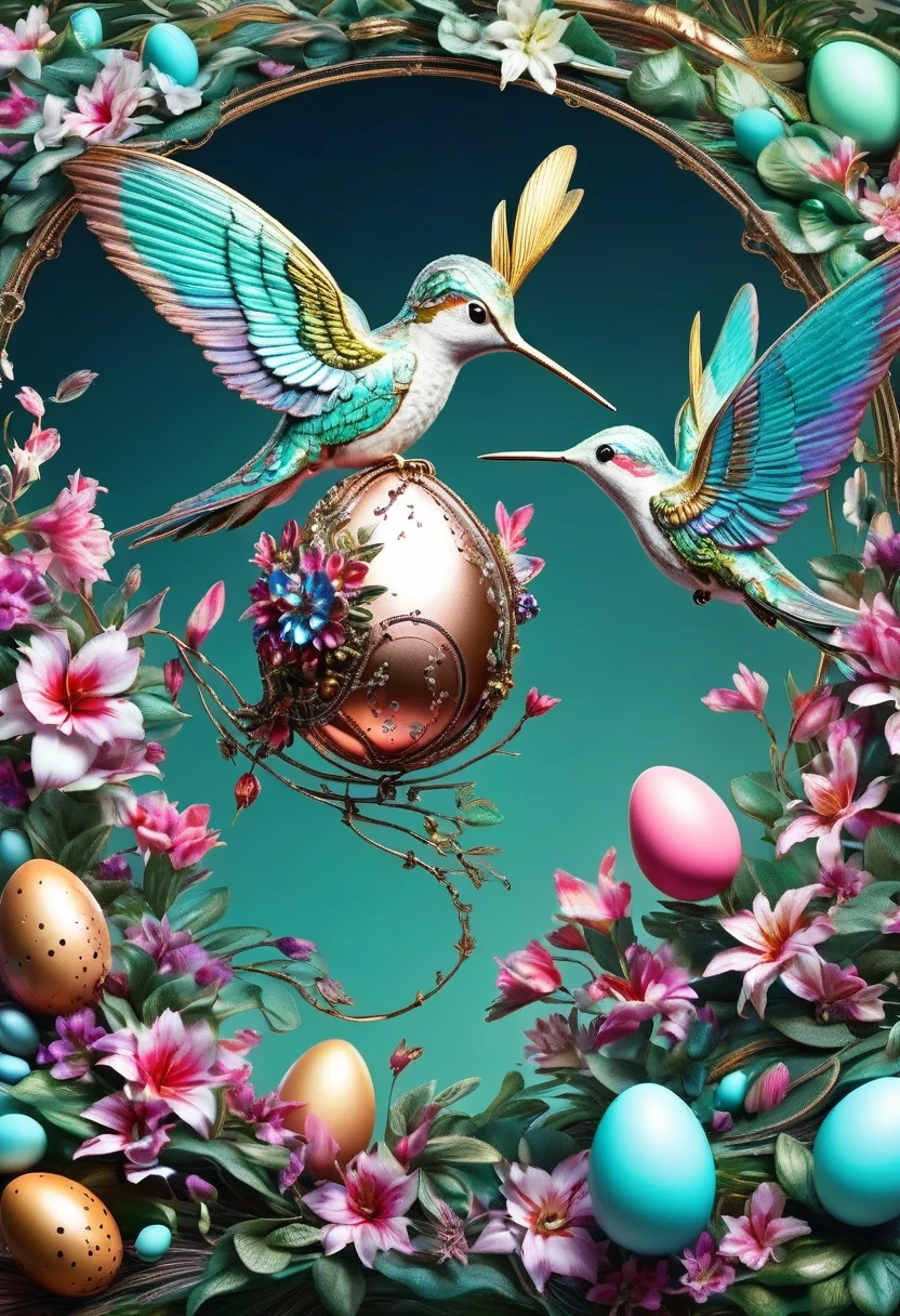 (masterpiece, best quality:1.2), easter style,  一个可爱的机械hummingbird穿着easter style, Made of exquisite copper and silver components，Eyes like glowing gems, Stand in a fantasy garden full of steampunk Easter elements. hummingbirds surrounded by exotic plants and Easter eggs. hummingbird&#39;s body shines under the neon lights, Demonstrate the high precision of its mechanical components. The scene incorporates elements of whimsy, science and technology, and tradition, Create a unique and imaginative environment for Easter.