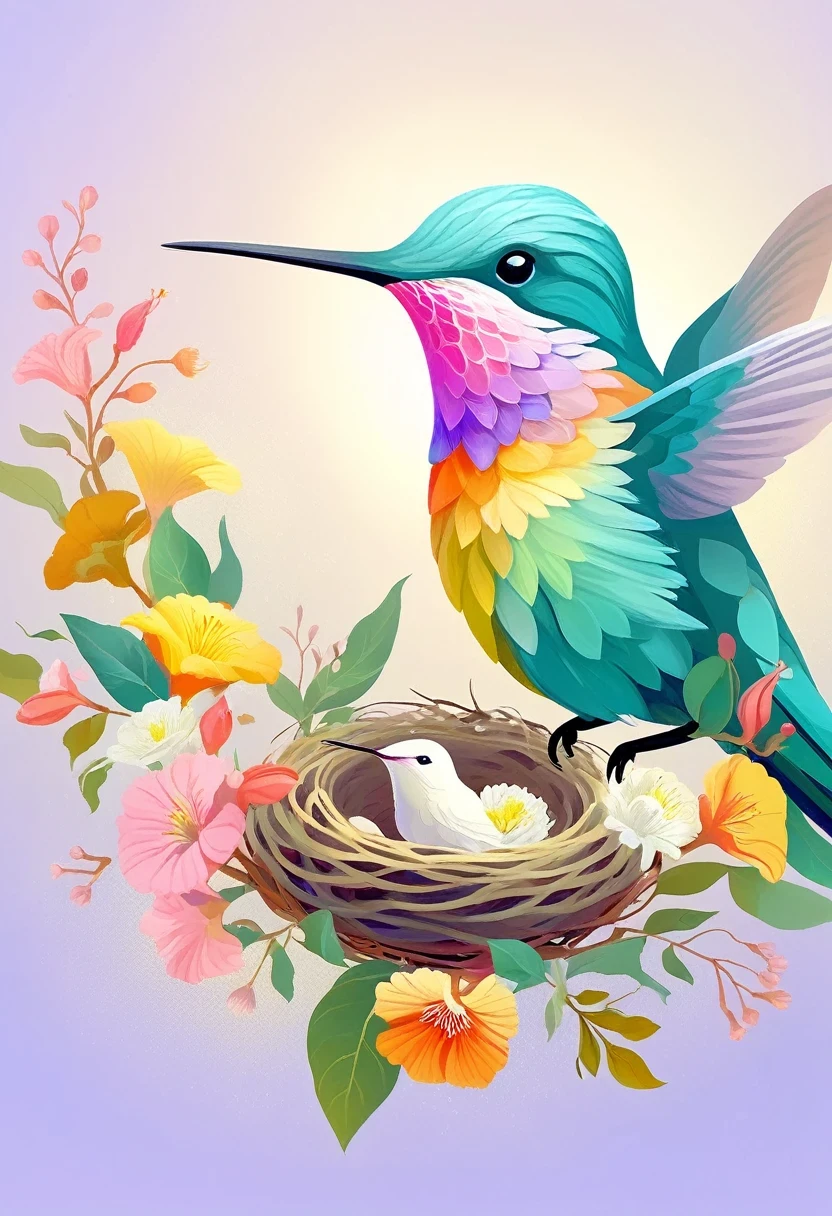 Colorful hummingbird and nest，pastel tones，light style，Comfortable and calm，nature，Warm and comfortable，garden，Super detailed masterpiece, Dynamic, high quality,Floating Extra Large Ethereal Dream DonMW15pXL  