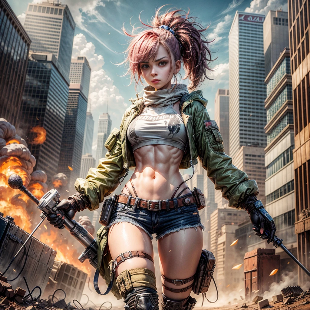 In a post-apocalyptic wasteland., A brave wasteless punk girl stands up to the chaotic world around her.. The camera zooms in on the girl., Capture the fierce expression and determination in her eyes.. Her clothes., A combination of durable clothing and recycled materials., It tells a story of cunning and adaptation.. As the zoom progresses, Focus shifted to her gloved hand., Hold the modified energy weapon firmly., Show her fighting abilities.. This prompt occurs in digital drawing format., Combining rough textures and bright colors to create a distinctive character performance..