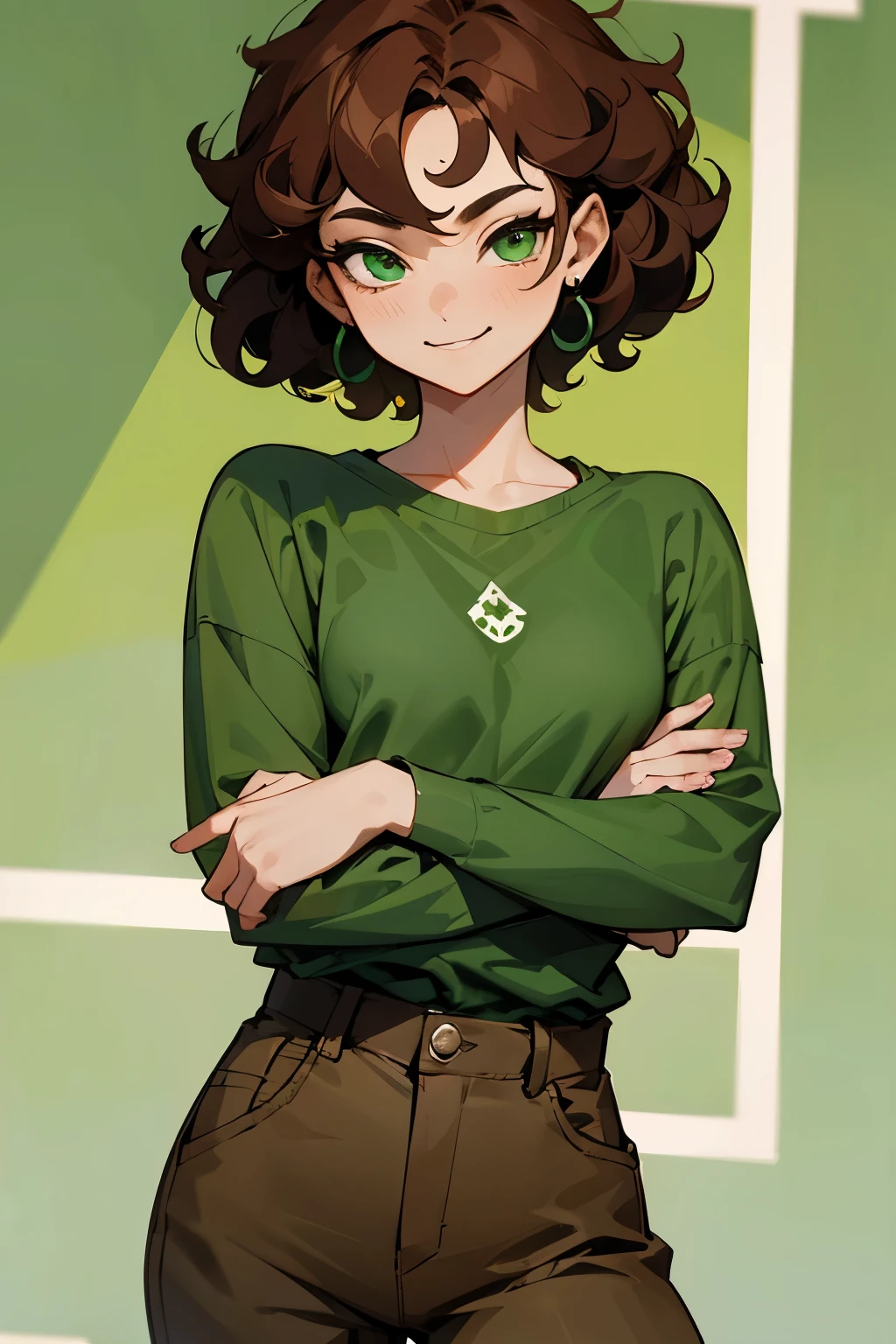 avatar,curly brown hair, green shirt, earrings, young female, smirking, green eyes,