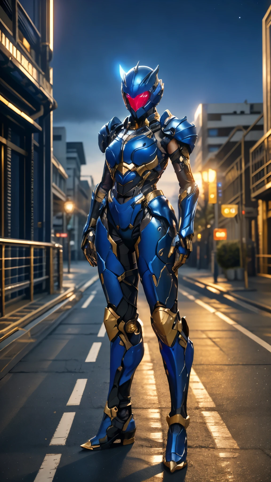 A woman adorned in fantasy-style full-body armor, a crown-concept fully enclosed helmet that unveils only her eyes, a composite layered chest plate, fully encompassing shoulder and hand guards, a lightweight waist armor, form-fitting shin guards, the overall design is heavy-duty yet flexible, ((the armor gleams with a blue glow, complemented by red and golden accents)), exhibiting a noble aura, she floats above the Futuristic city, this character embodies a finely crafted fantasy-surreal style armored hero in anime style, exquisite and mature manga art style, (Godzilla concept Armor, photorealistic:1.4, real texture material:1.2), ((city night view, elegant, goddess, femminine:1.5)), metallic, high definition, best quality, highres, ultra-detailed, ultra-fine painting, extremely delicate, professional, anatomically correct, symmetrical face, extremely detailed eyes and face, high quality eyes, creativity, RAW photo, UHD, 32k, Natural light, cinematic lighting, masterpiece-anatomy-perfect, masterpiece:1.5
