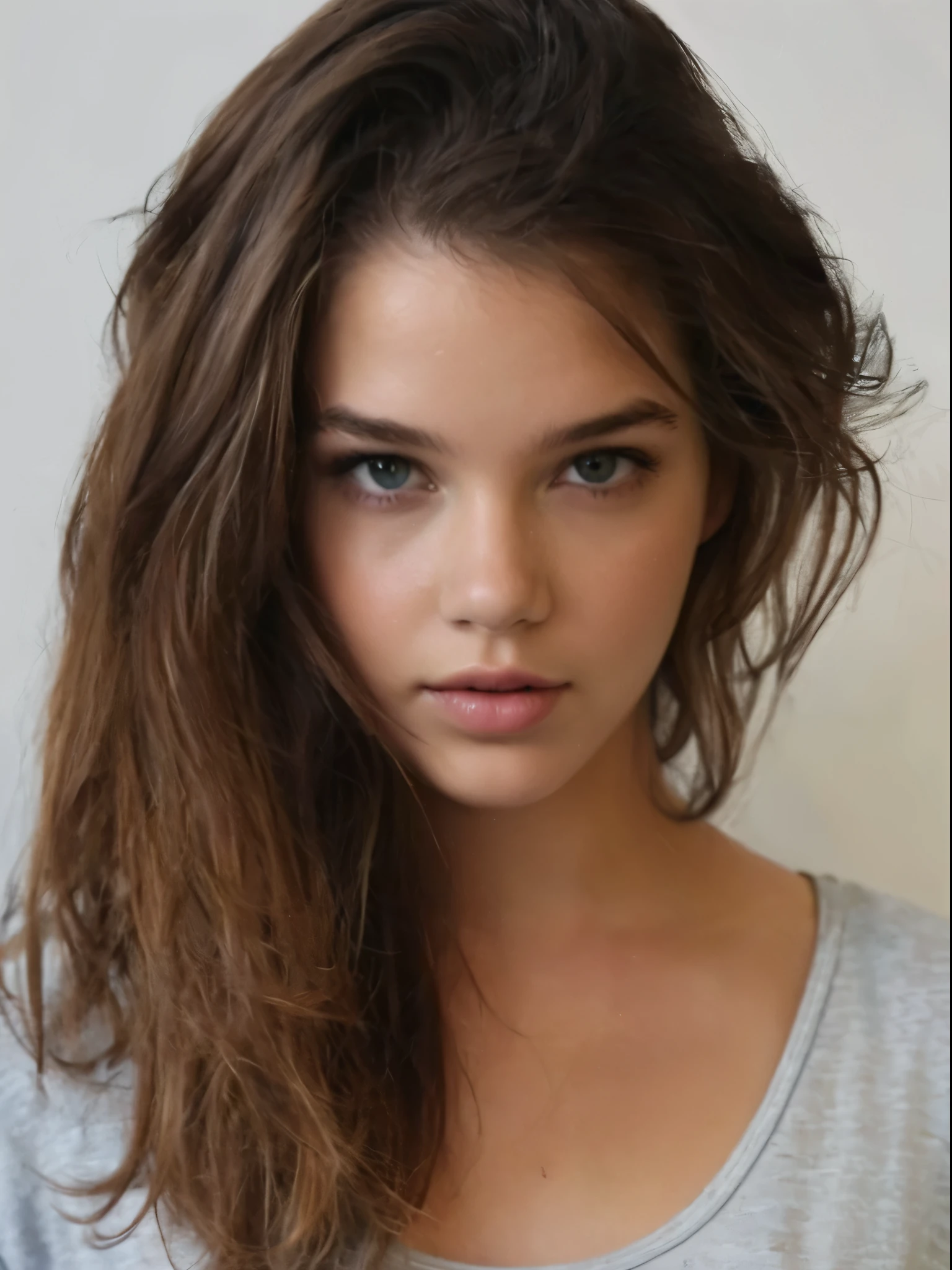 a close up of a woman with long hair and a gray shirt, barbara palvin, beautiful model, very pretty model, messy brown hair, portrait of barbara palvin, gorgeous attractive face, attractive female face!!!, gorgeous young model, extremely beautiful face, very pretty face, gorgeous face, perfect face ), very beautiful face, big cheekbones, beautiful cheekbones