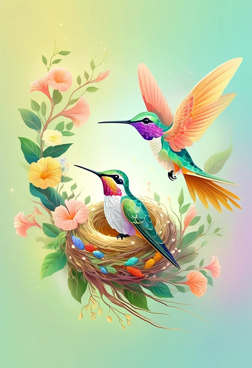 Colorful hummingbird and nest，pastel tones，light style，Comfortable and calm，nature，Warm and comfortable，garden，Super detailed masterpiece, Dynamic, high quality,Floating Extra Large Ethereal Dream DonMW15pXL  