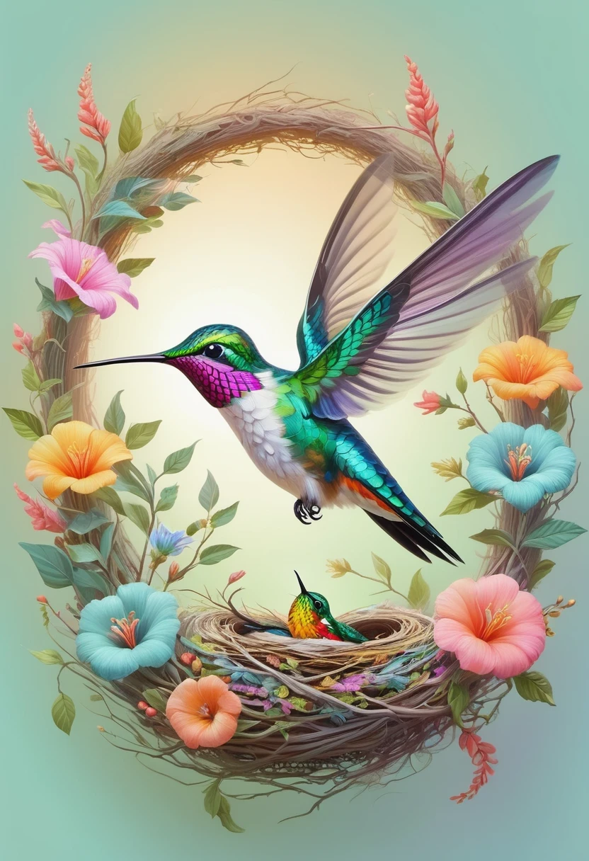 Colorful hummingbird and nest，pastel tones，light style，Comfortable and calm，nature，Warm and comfortable，garden，Super detailed masterpiece, Dynamic, high quality,Floating Extra Large Ethereal Dream DonMW15pXL  