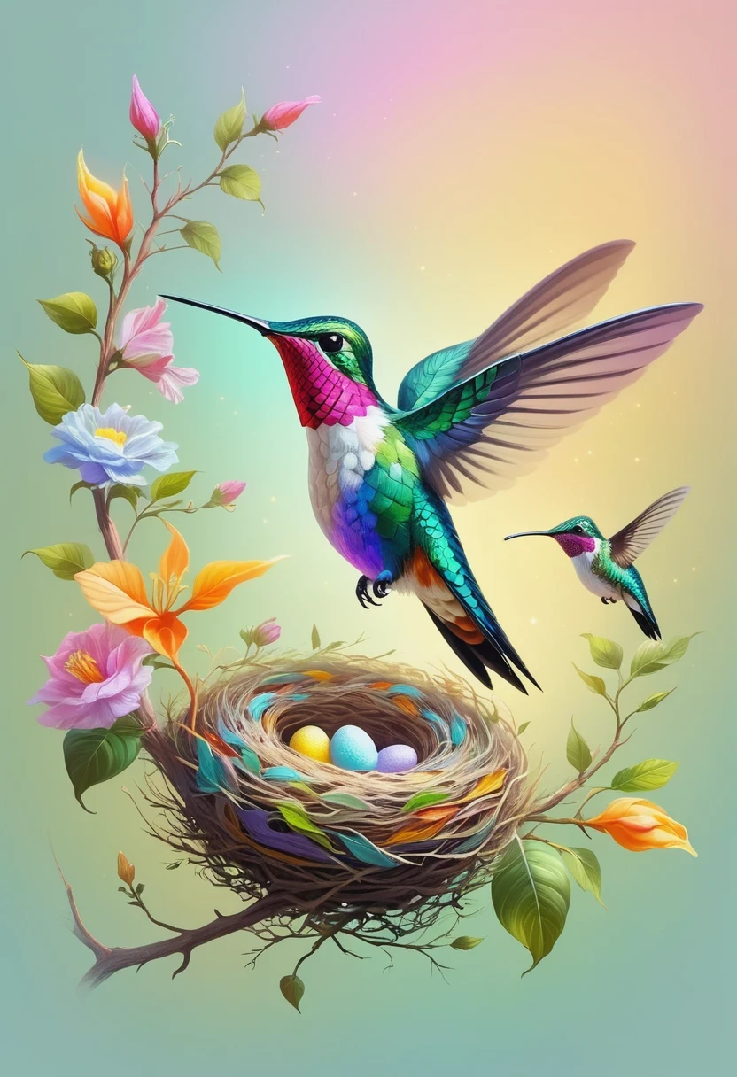 Colorful hummingbird and nest,pastel tones,light style,Comfortable and calm,nature,Warm and comfortable,garden,Super detailed masterpiece, Dynamic, high quality,Floating Extra Large Ethereal Dream DonMW15pXL