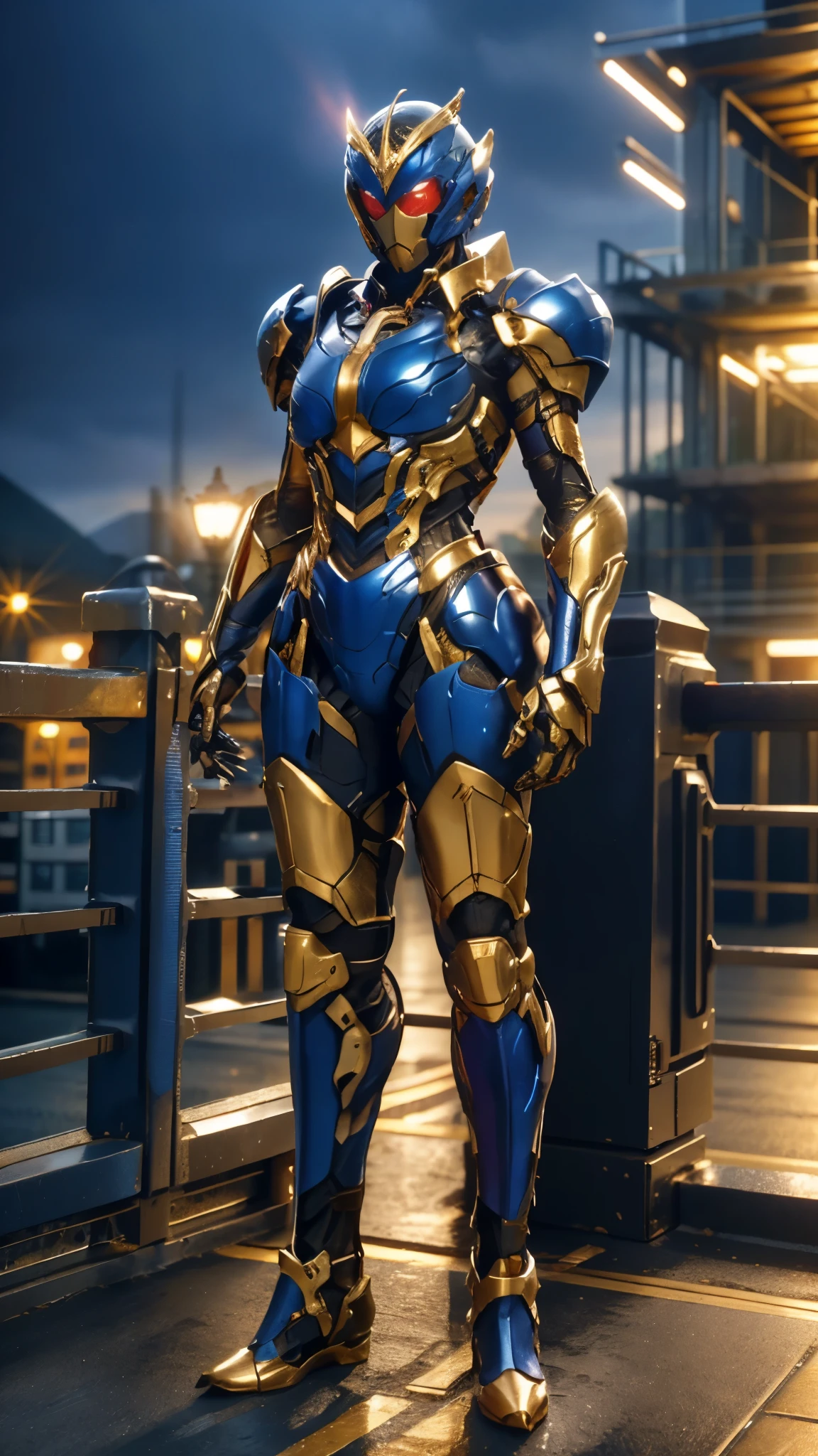 A woman adorned in fantasy-style full-body armor, a crown-concept fully enclosed helmet that unveils only her eyes, a composite layered chest plate, fully encompassing shoulder and hand guards, a lightweight waist armor, form-fitting shin guards, the overall design is heavy-duty yet flexible, ((the armor gleams with a blue glow, complemented by red and golden accents)), exhibiting a noble aura, she floats above the Futuristic city, this character embodies a finely crafted fantasy-surreal style armored hero in anime style, exquisite and mature manga art style, (Godzilla concept Armor, photorealistic:1.4, real texture material:1.2), ((city night view, elegant, goddess, femminine:1.5)), metallic, high definition, best quality, highres, ultra-detailed, ultra-fine painting, extremely delicate, professional, anatomically correct, symmetrical face, extremely detailed eyes and face, high quality eyes, creativity, RAW photo, UHD, 32k, Natural light, cinematic lighting, masterpiece-anatomy-perfect, masterpiece:1.5