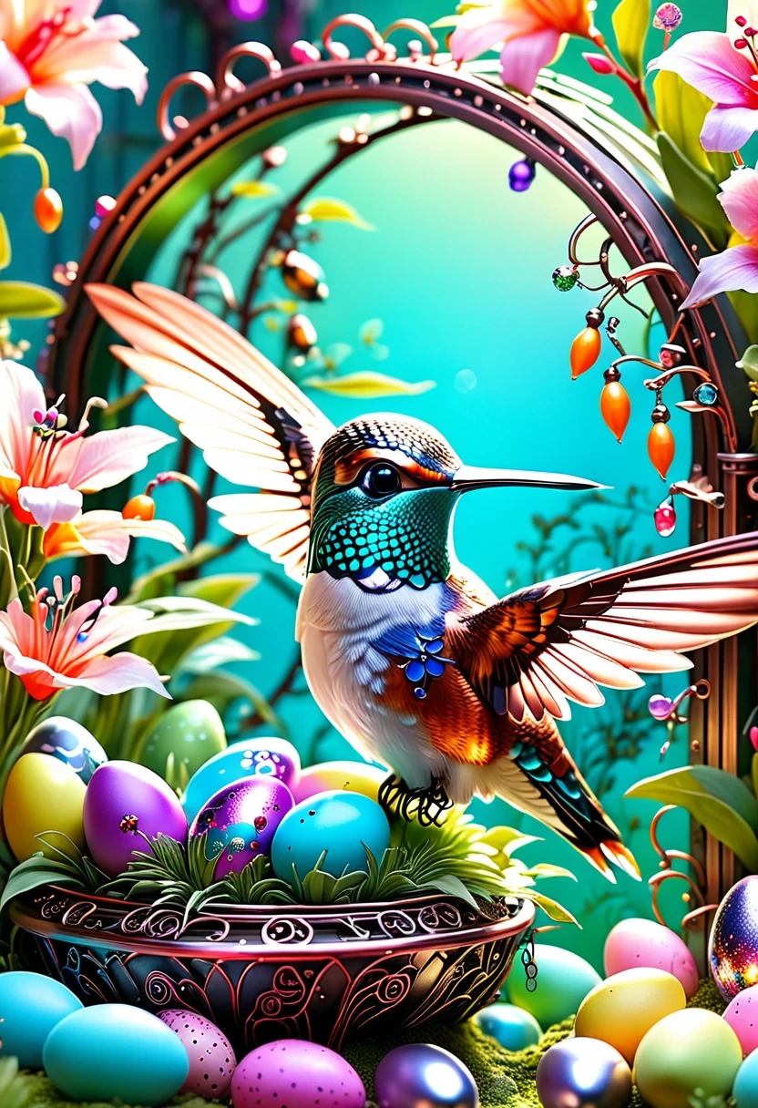 (masterpiece, best quality:1.2),五颜六色的hummingbird和巢,pastel tones,light style,Comfortable and calm,nature,Warm and comfortable,garden,超详细的masterpiece, Dynamic, high quality,Floating Extra Large Ethereal Dream DonMW15pXL,easter style, 一个可爱的机械hummingbird穿着easter style, Made of exquisite copper and silver components,Eyes like glowing gems, Stand in a fantasy lair full of steampunk Easter elements. hummingbirds surrounded by exotic plants and Easter eggs. hummingbird's body shines under the neon lights, Demonstrate the high precision of its mechanical components. The scene incorporates elements of whimsy, science and technology, and tradition, Create a unique and imaginative environment for Easter.