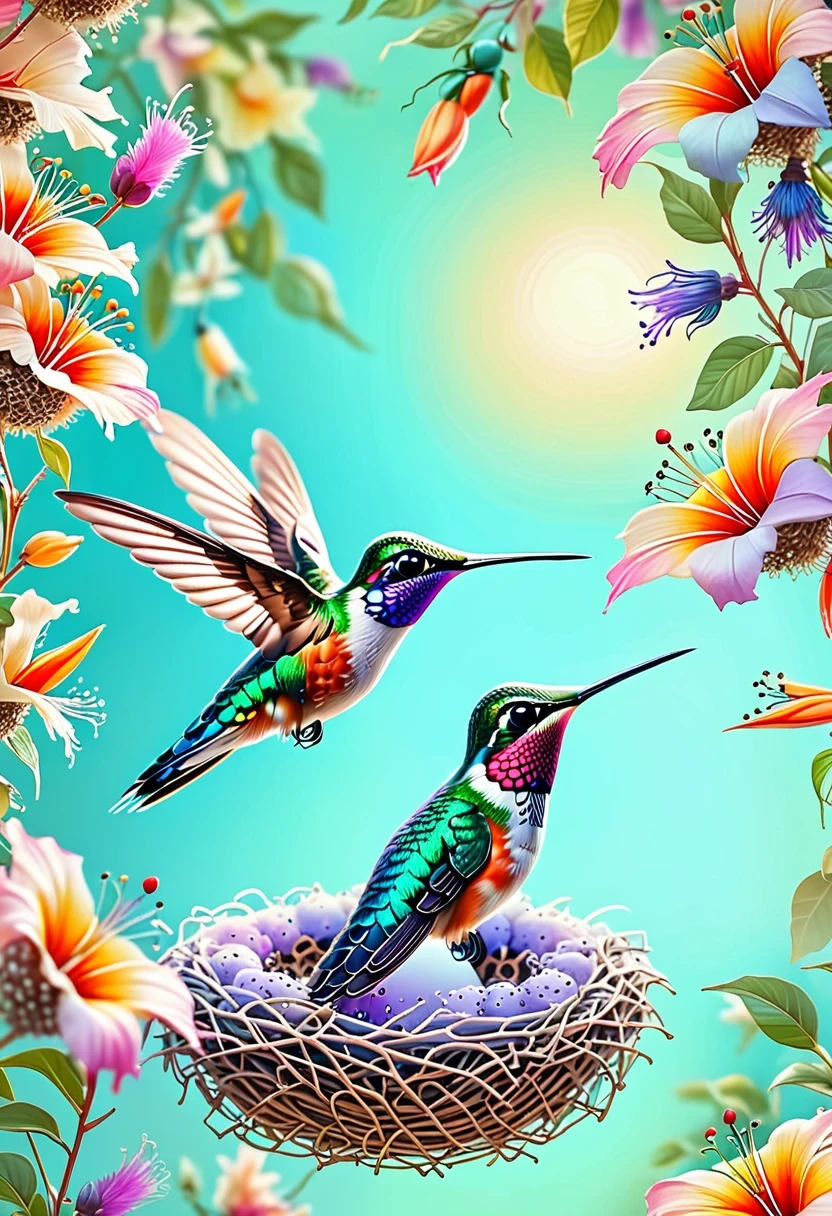 Colorful hummingbird and nest,pastel tones,light style,Comfortable and calm,nature,Warm and comfortable,garden,Super detailed masterpiece, Dynamic, high quality,Floating Extra Large Ethereal Dream DonMW15pXL
